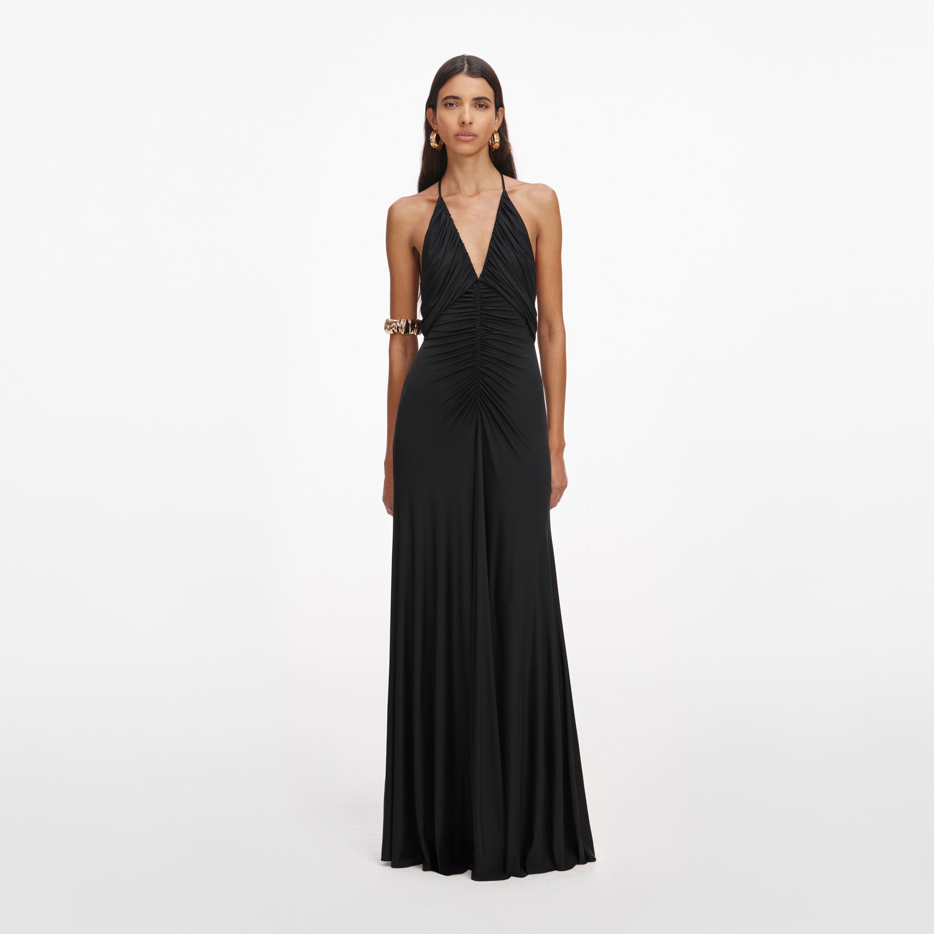 Front view of a woman wearing the Black Jersey Gathered Maxi Dress