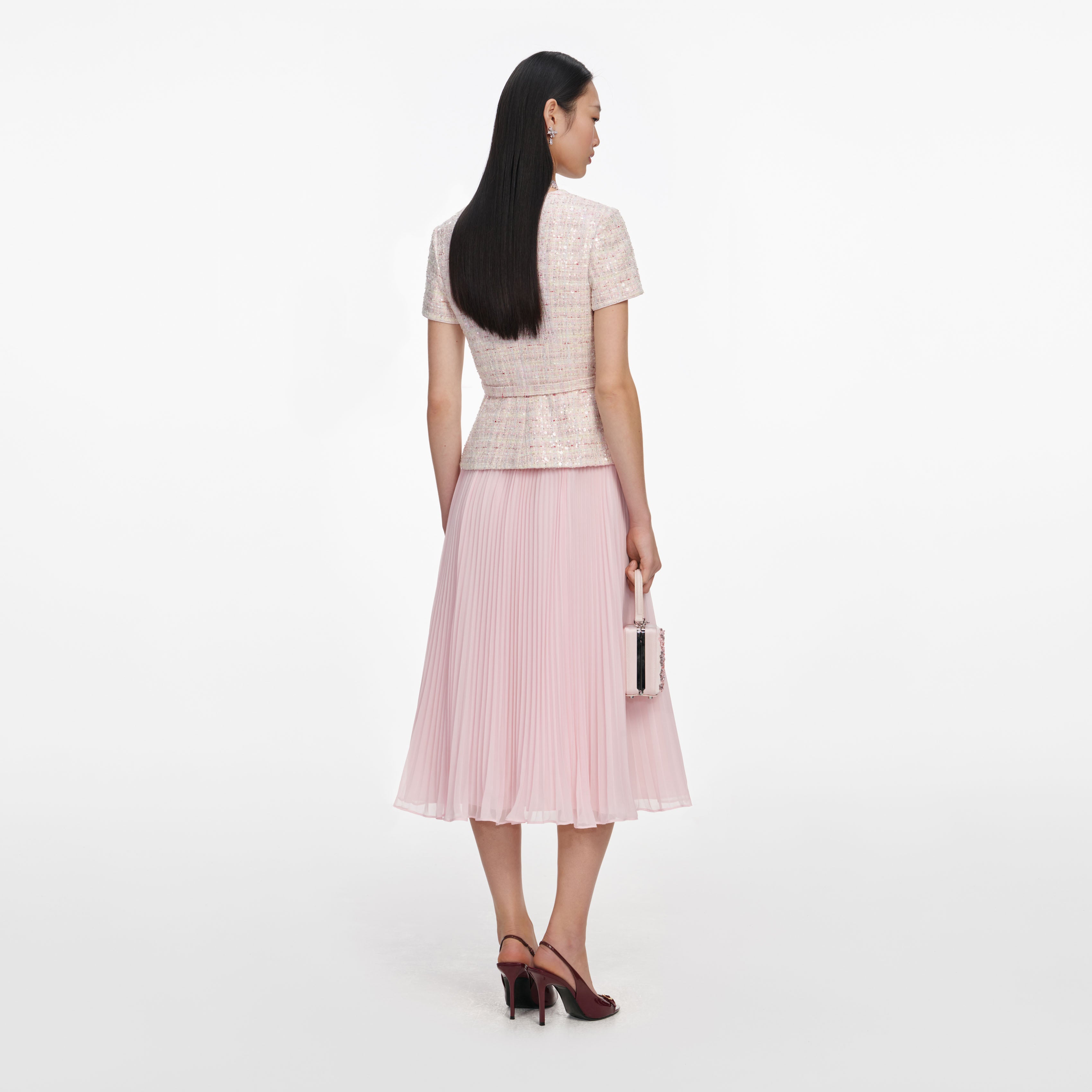 Pink Sequin Boucle Tailored Midi Dress