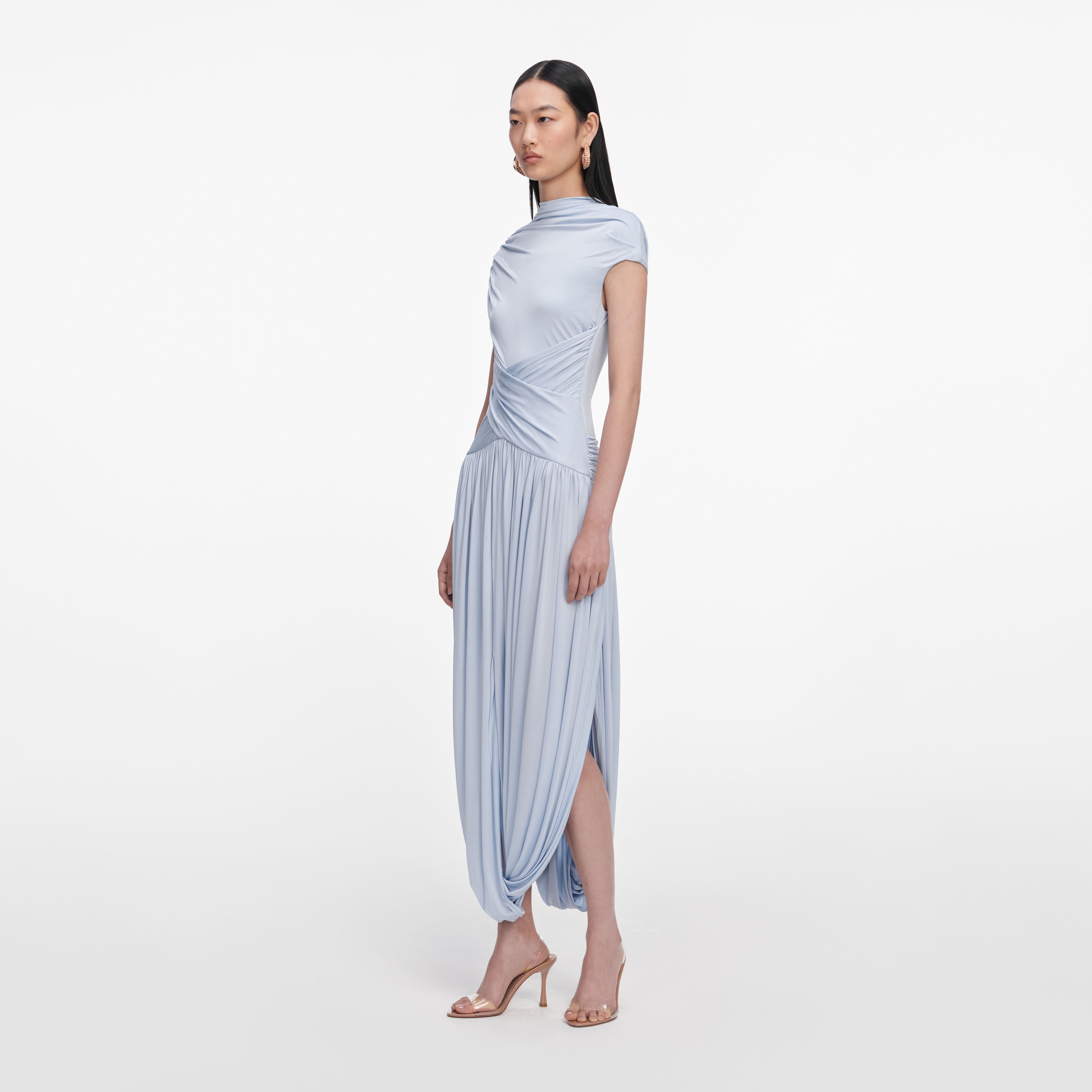 Blue Jersey Gathered Midi Dress