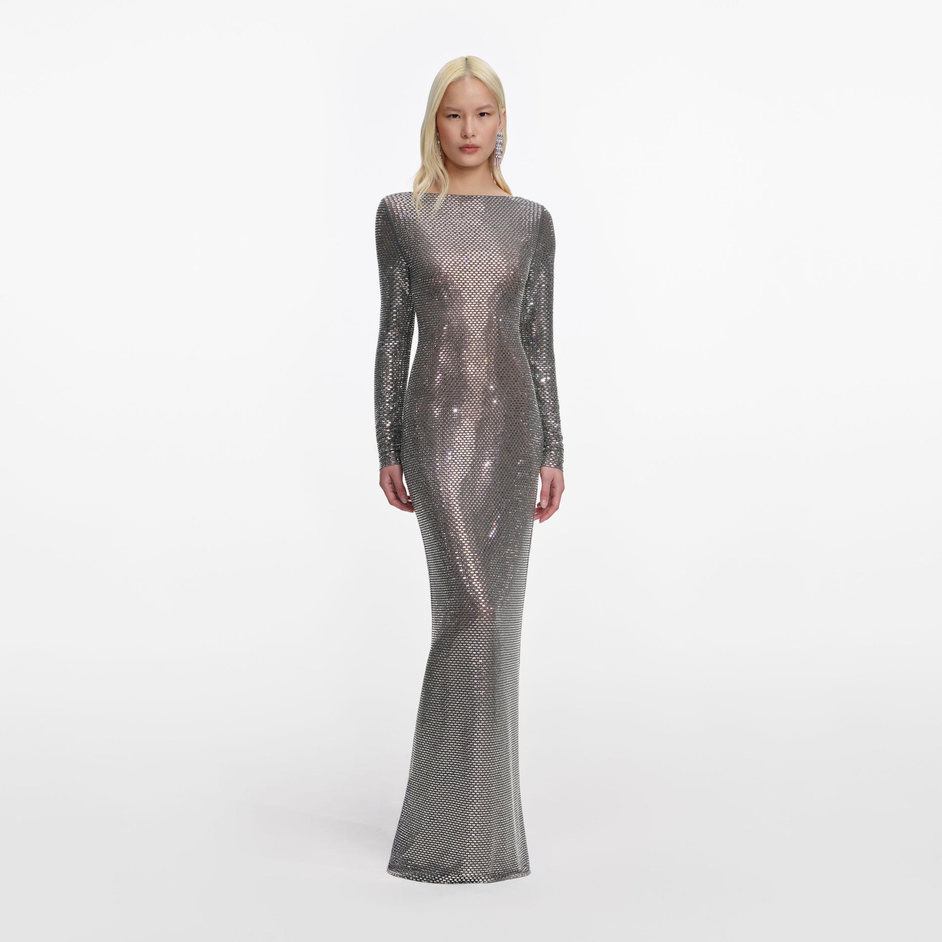 Front view of a woman wearing the Grey Rhinestone Long Sleeve Maxi Dress