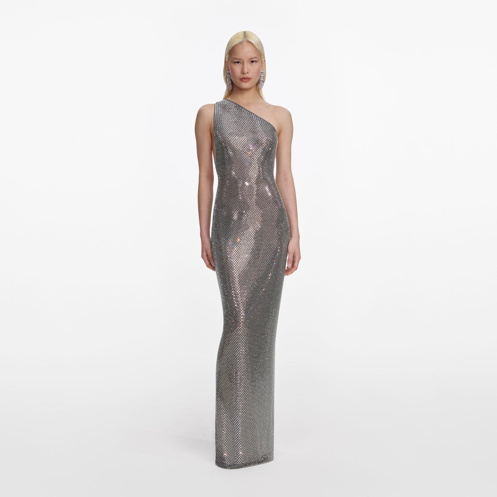 Front view of a woman wearing the Grey Rhinestone One Shoulder Maxi Dress