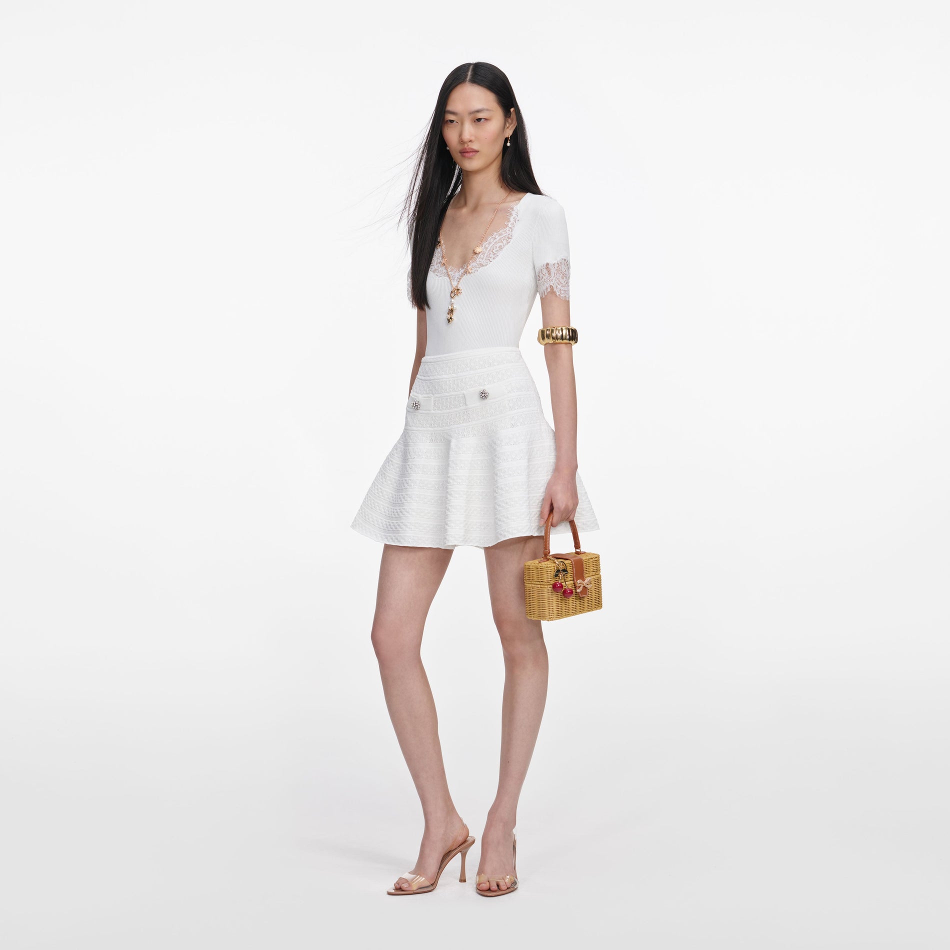 White Pointelle Knit Mini Skirt