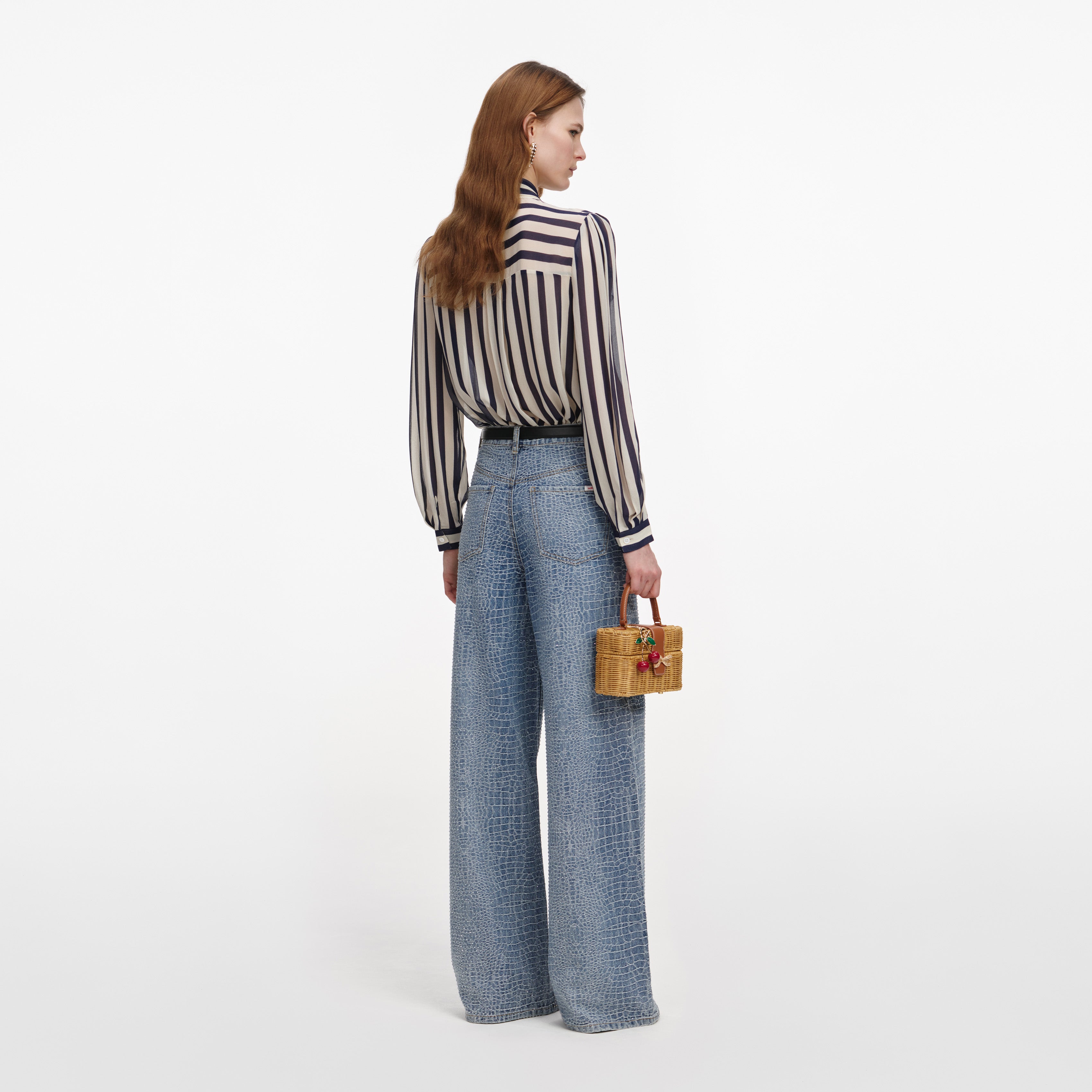 Navy Stripe Tie Neck Blouse