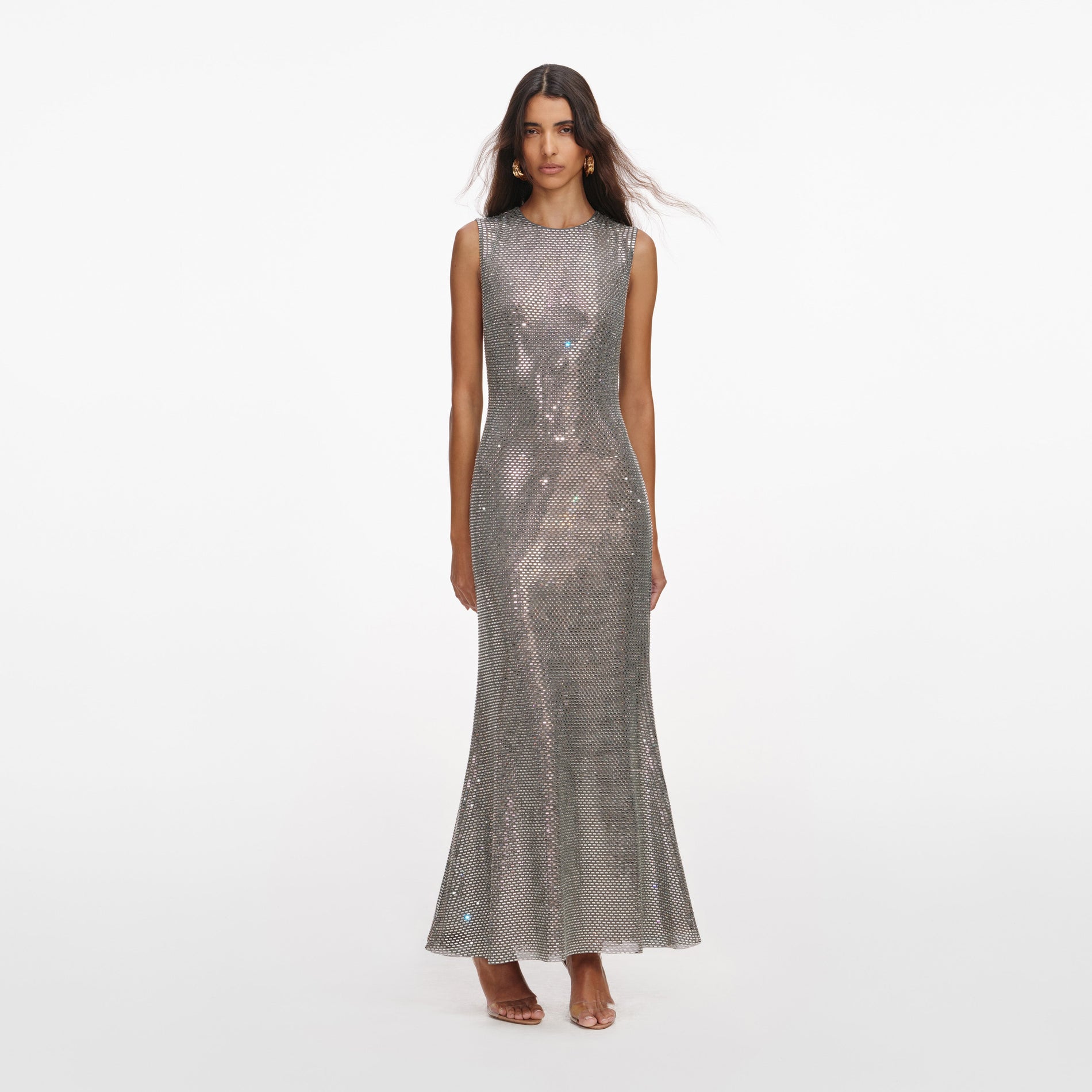Front view of a woman wearing the Grey Rhinestone Mesh Midi Dress