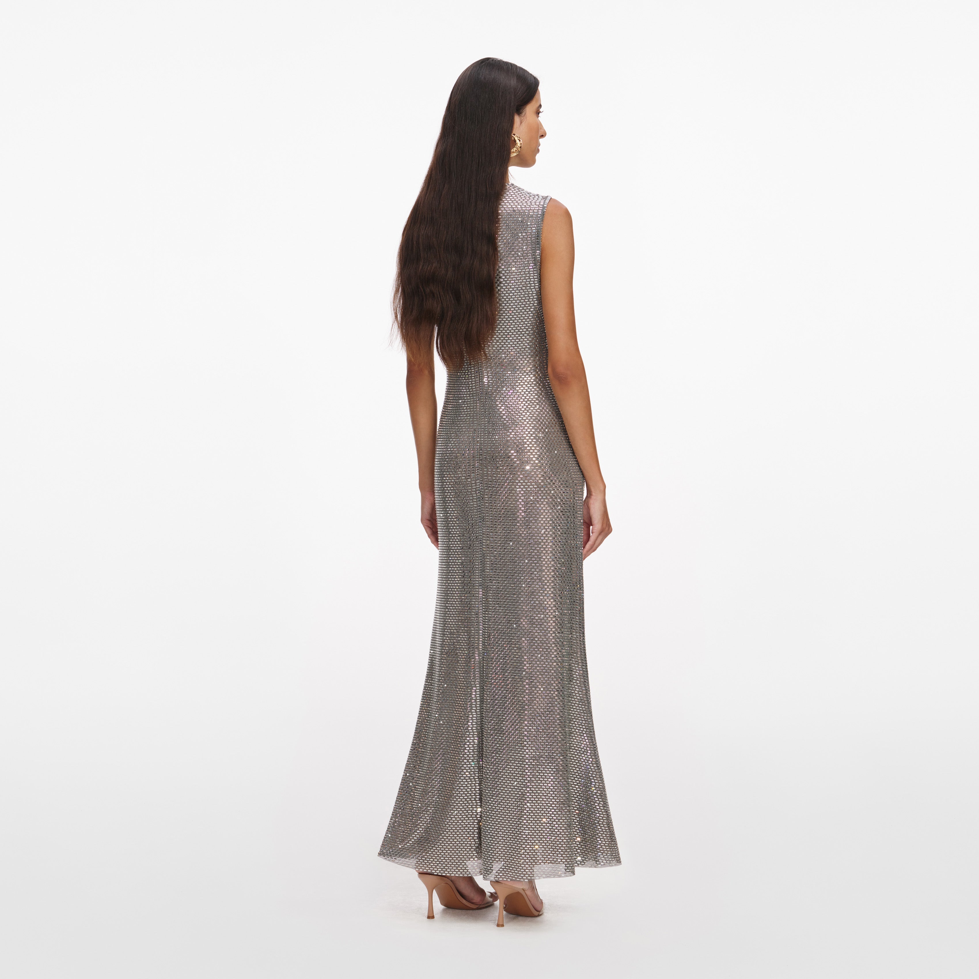 Grey Rhinestone Mesh Midi Dress