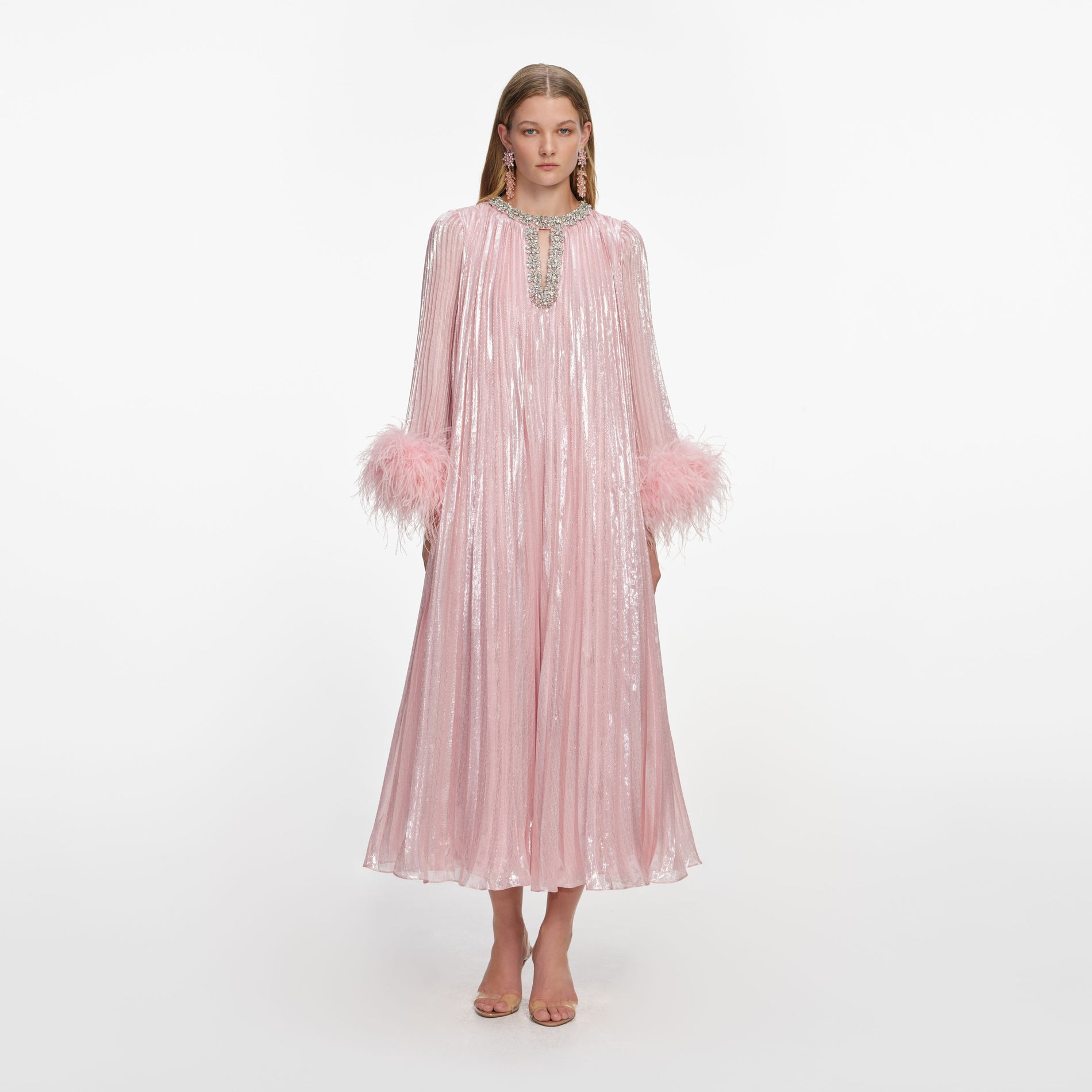 Front view of a woman wearing the Pink Metallic Chiffon Feather Midi Dress