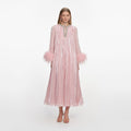 Pink Metallic Chiffon Feather Midi Dress