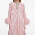 Pink Metallic Chiffon Feather Midi Dress