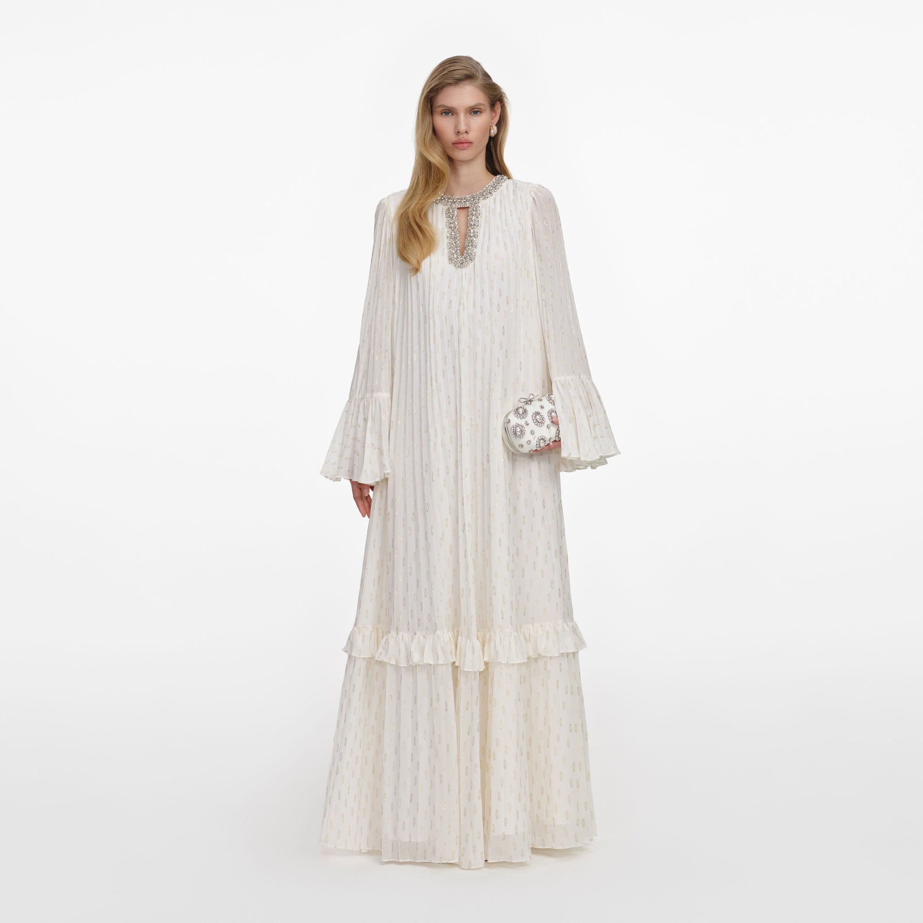 Front view of a woman wearing the Cream And Gold Chiffon Maxi Dress