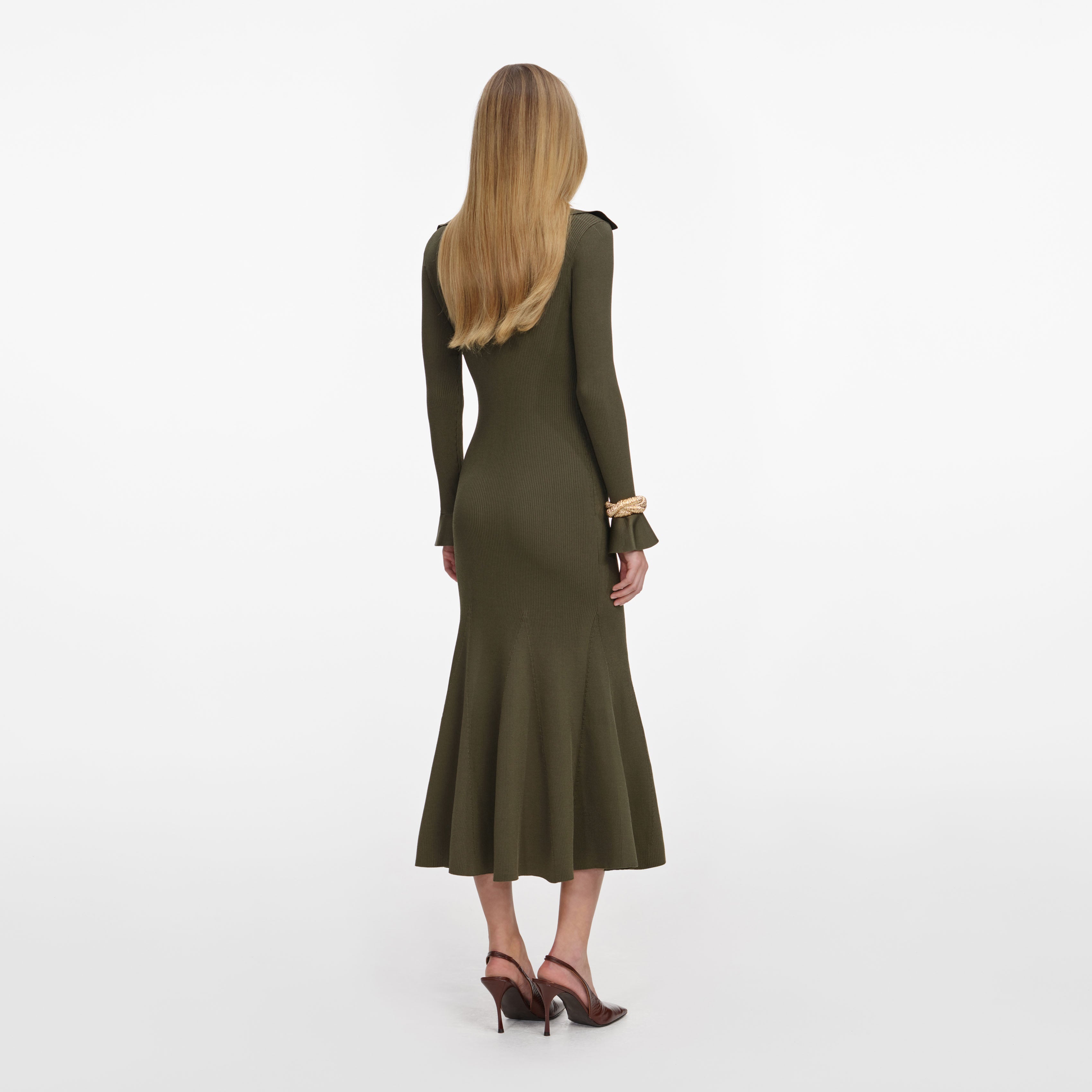 Khaki Pointelle Knit Midi Dress