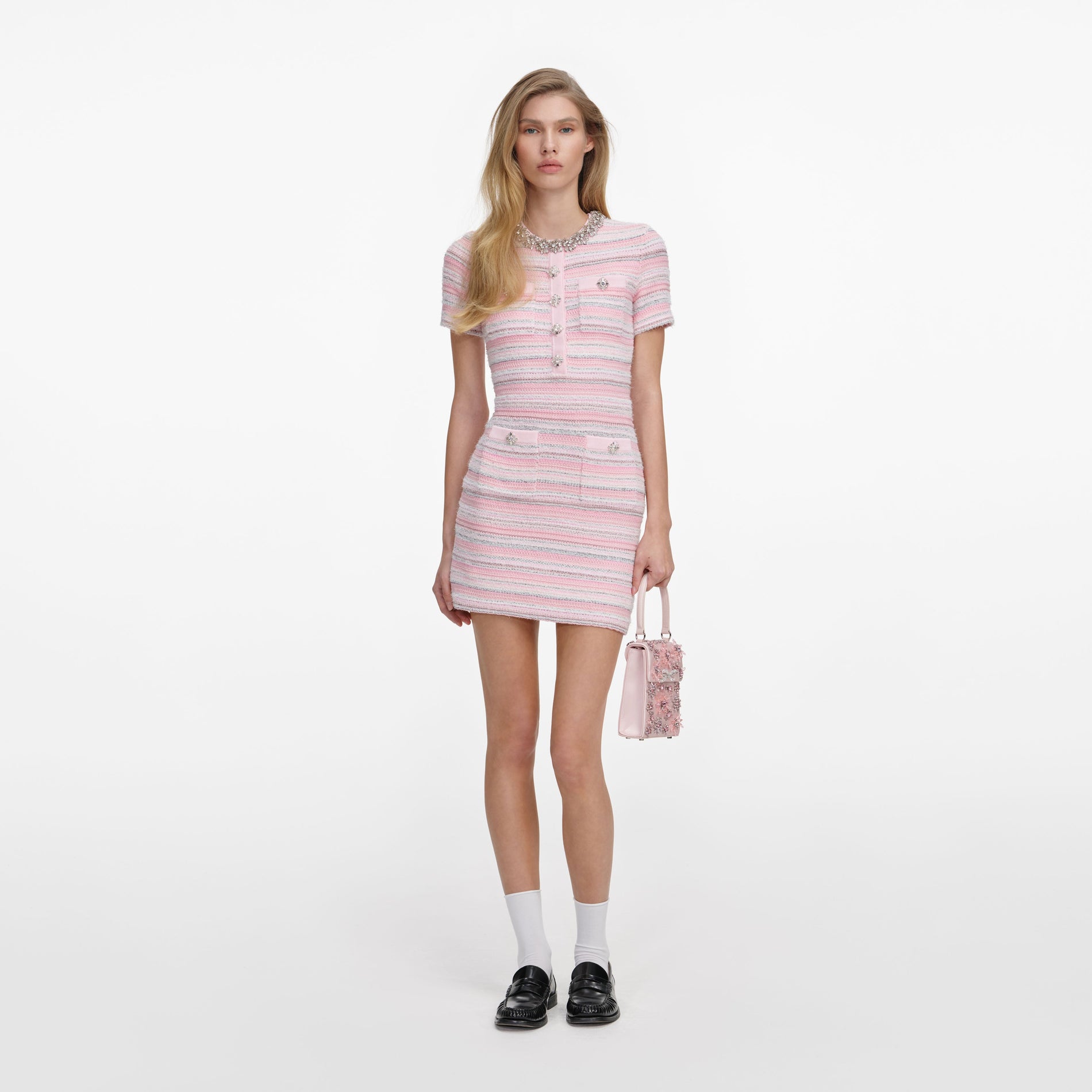 Front view of a woman wearing the Pink Textured Knit Mini Dress