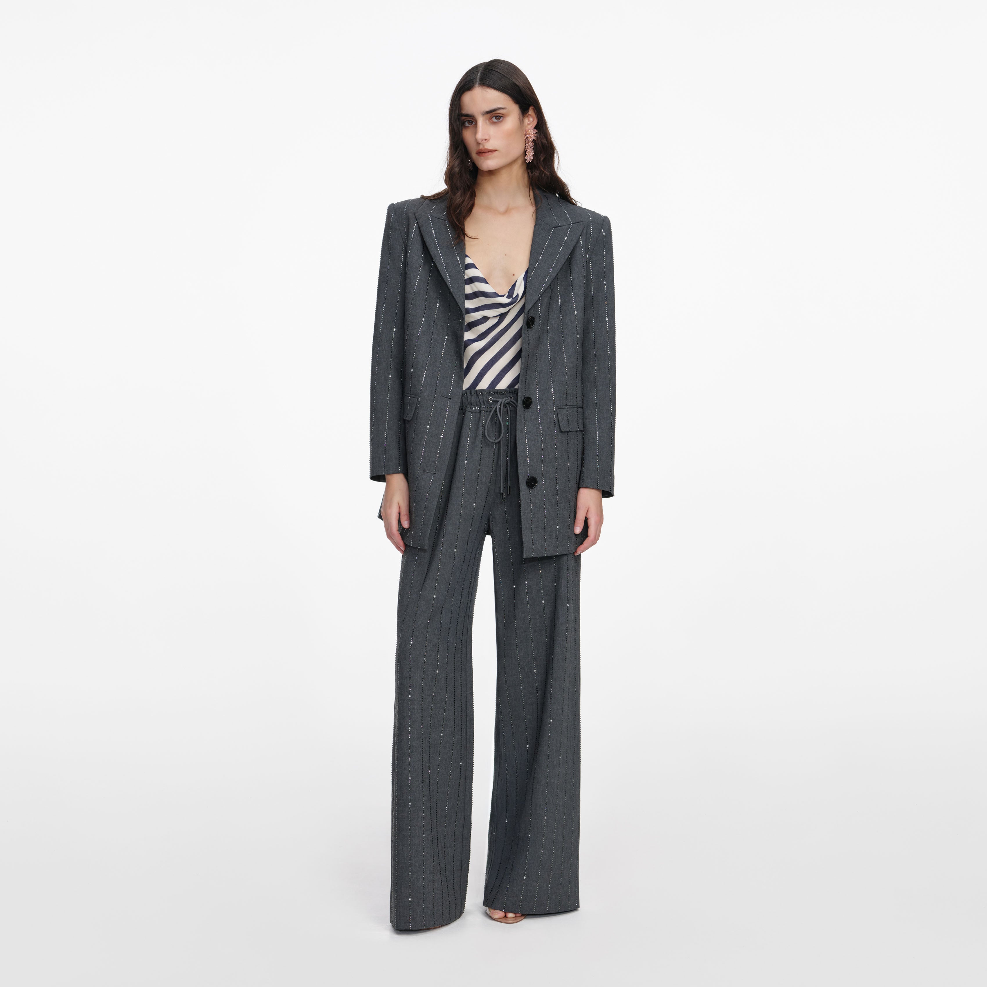 Grey Rhinestone Pinstripe Blazer