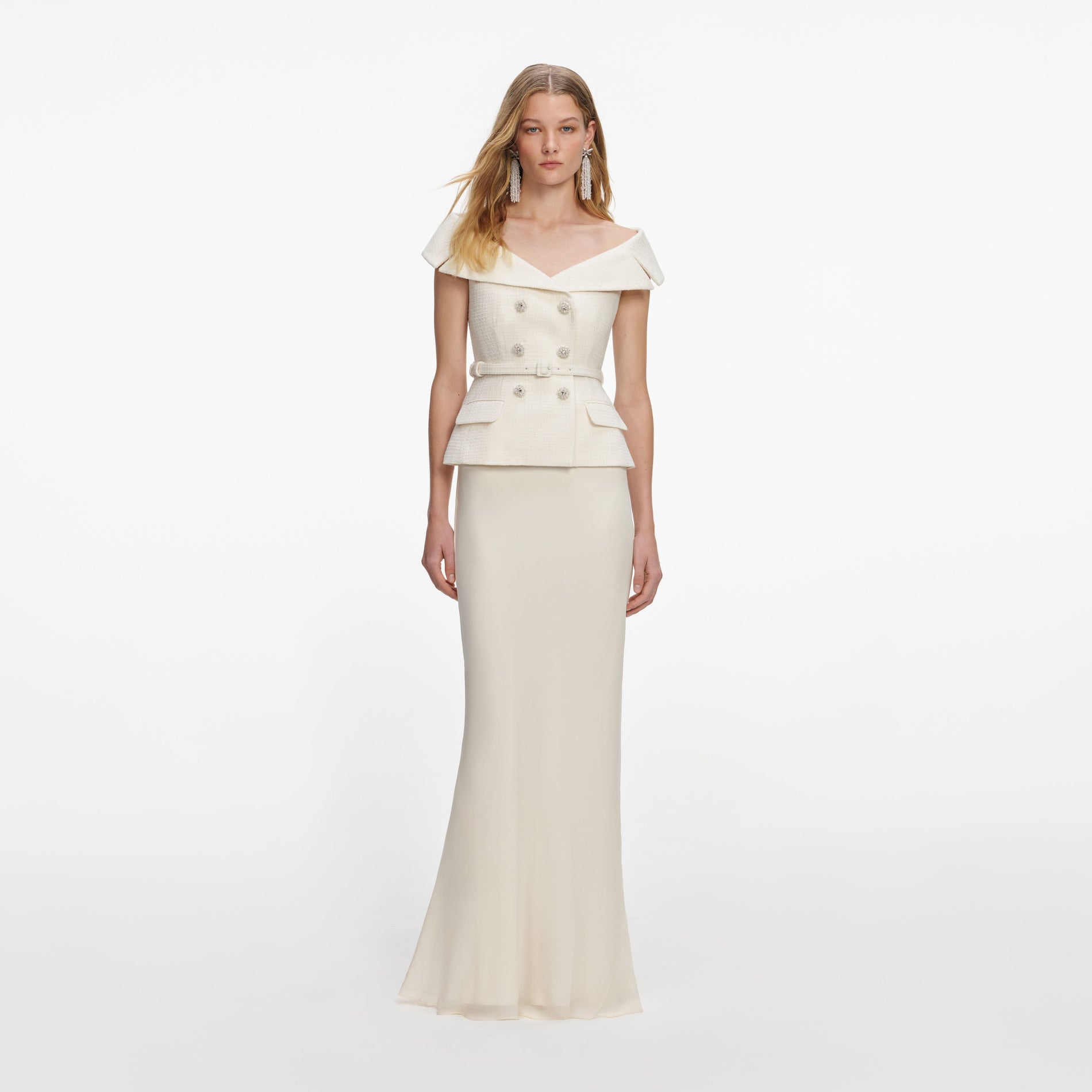 Front view of a woman wearing the Cream Boucle Maxi Dress