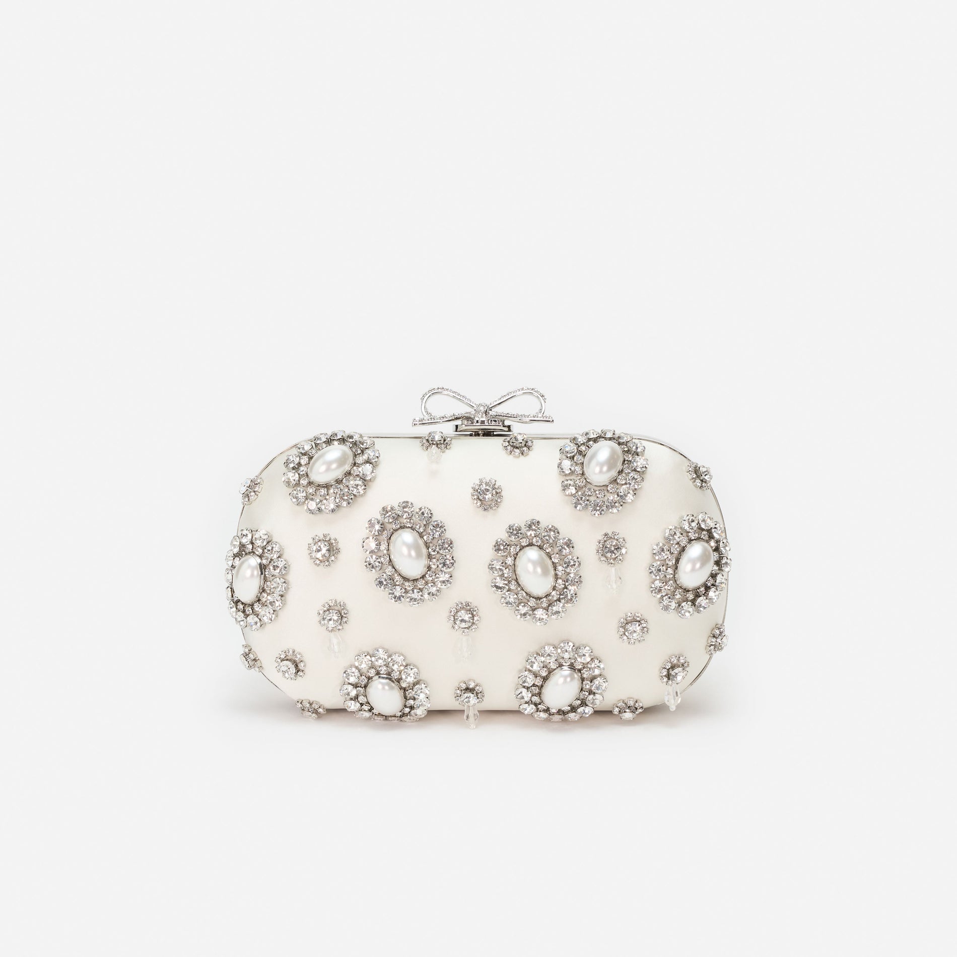 Cream Satin Multi Crystal Clutch Bag