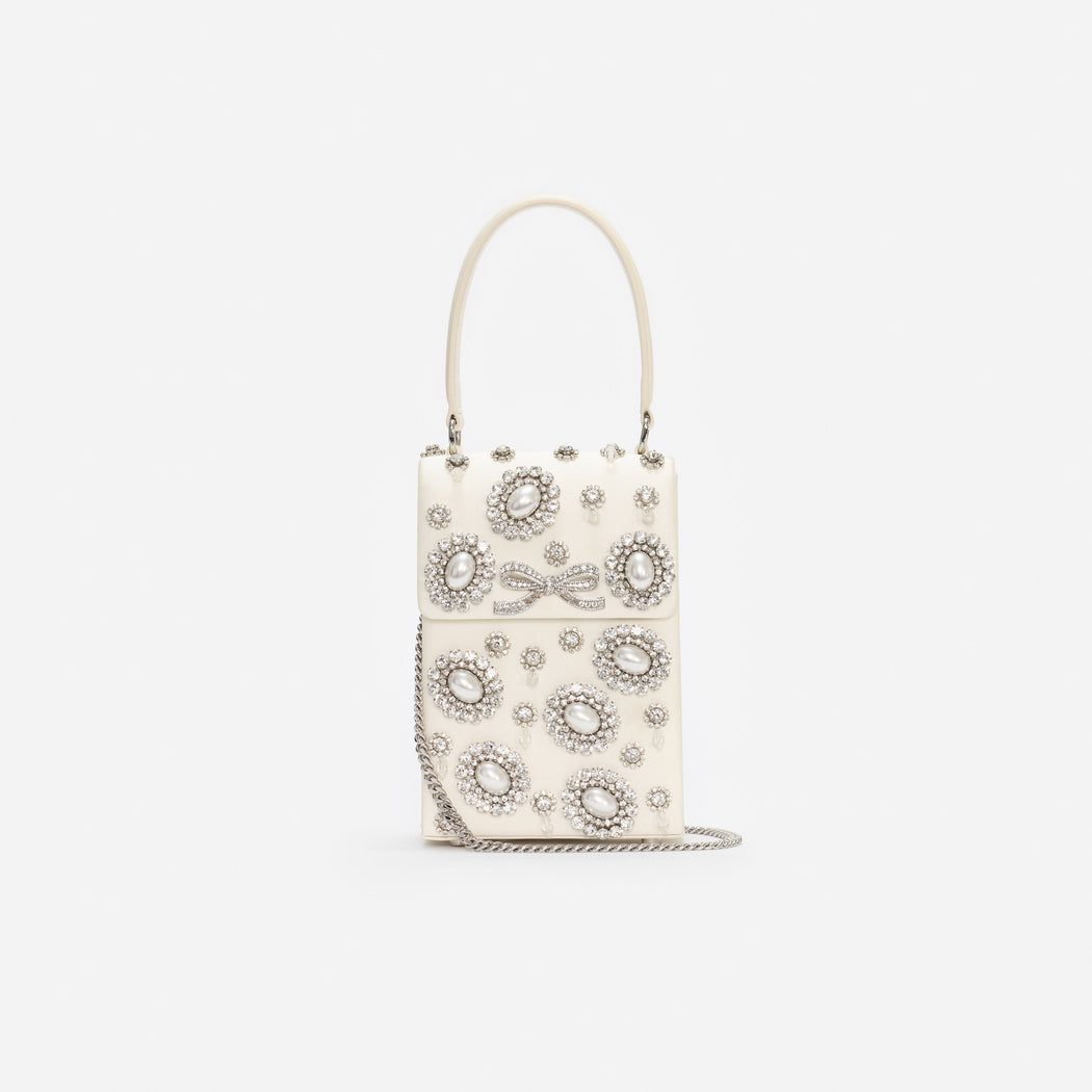 Cream Satin Crystal Mini Bow Bag