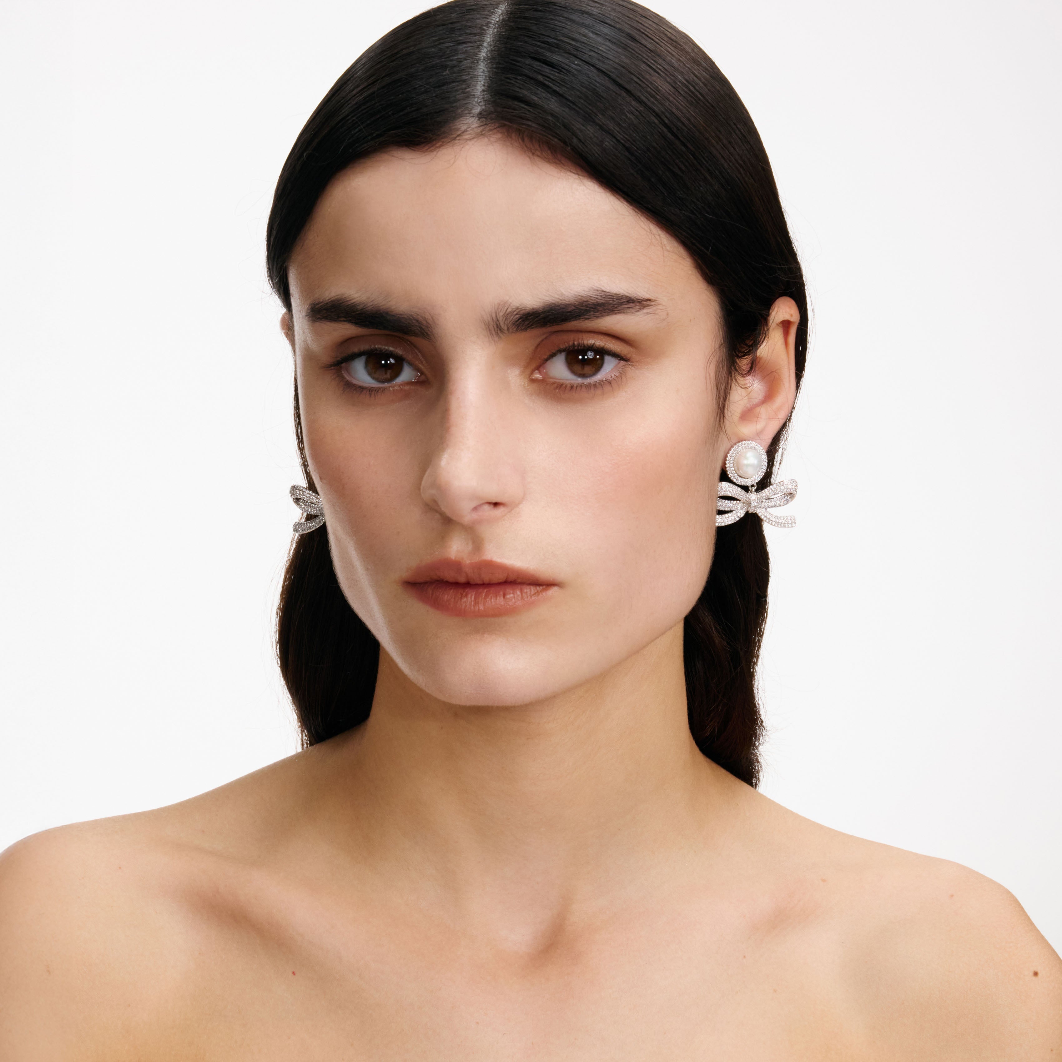 Silver Pearl Bow Drop Earrings