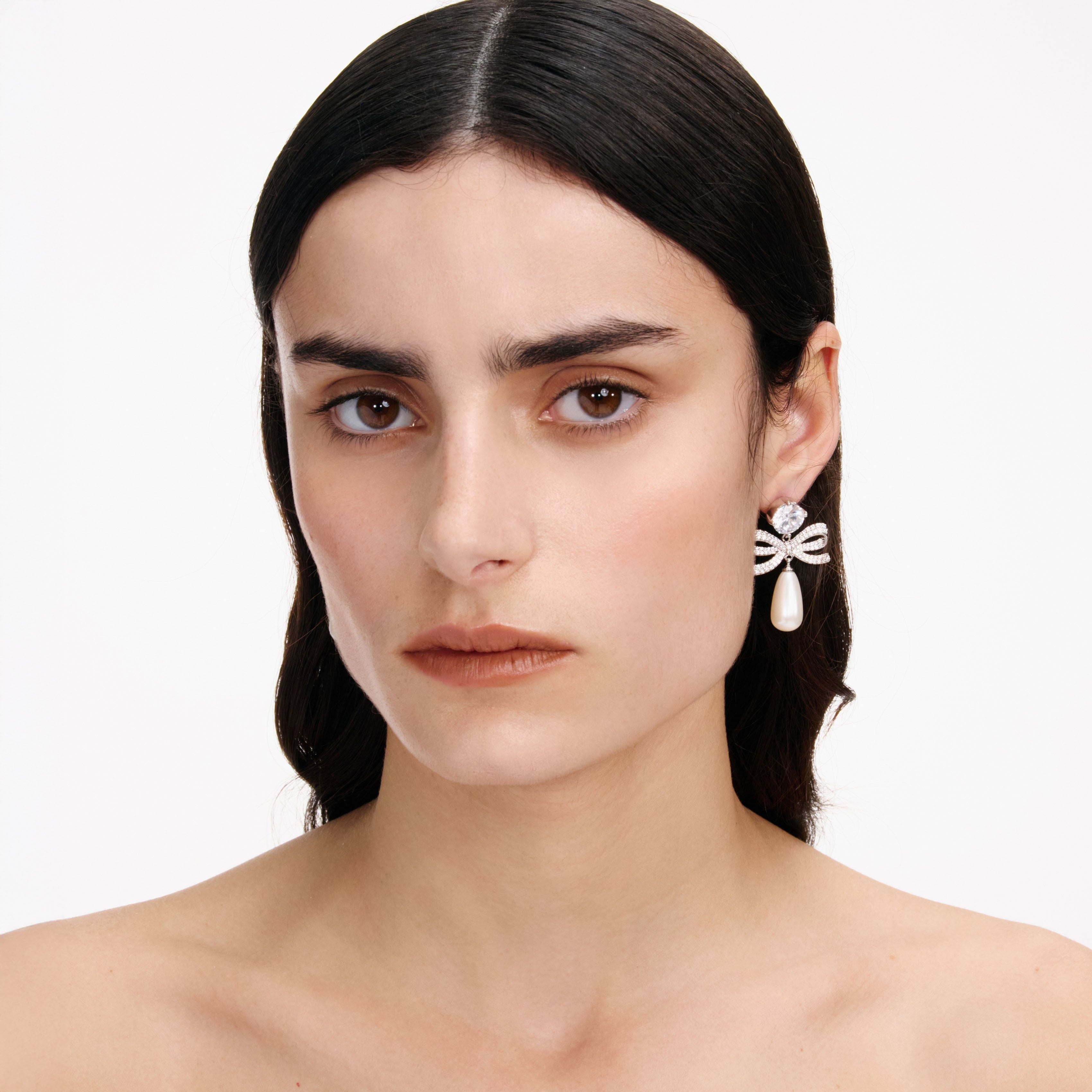 Crystal Bow Pearl Tiered Earrings