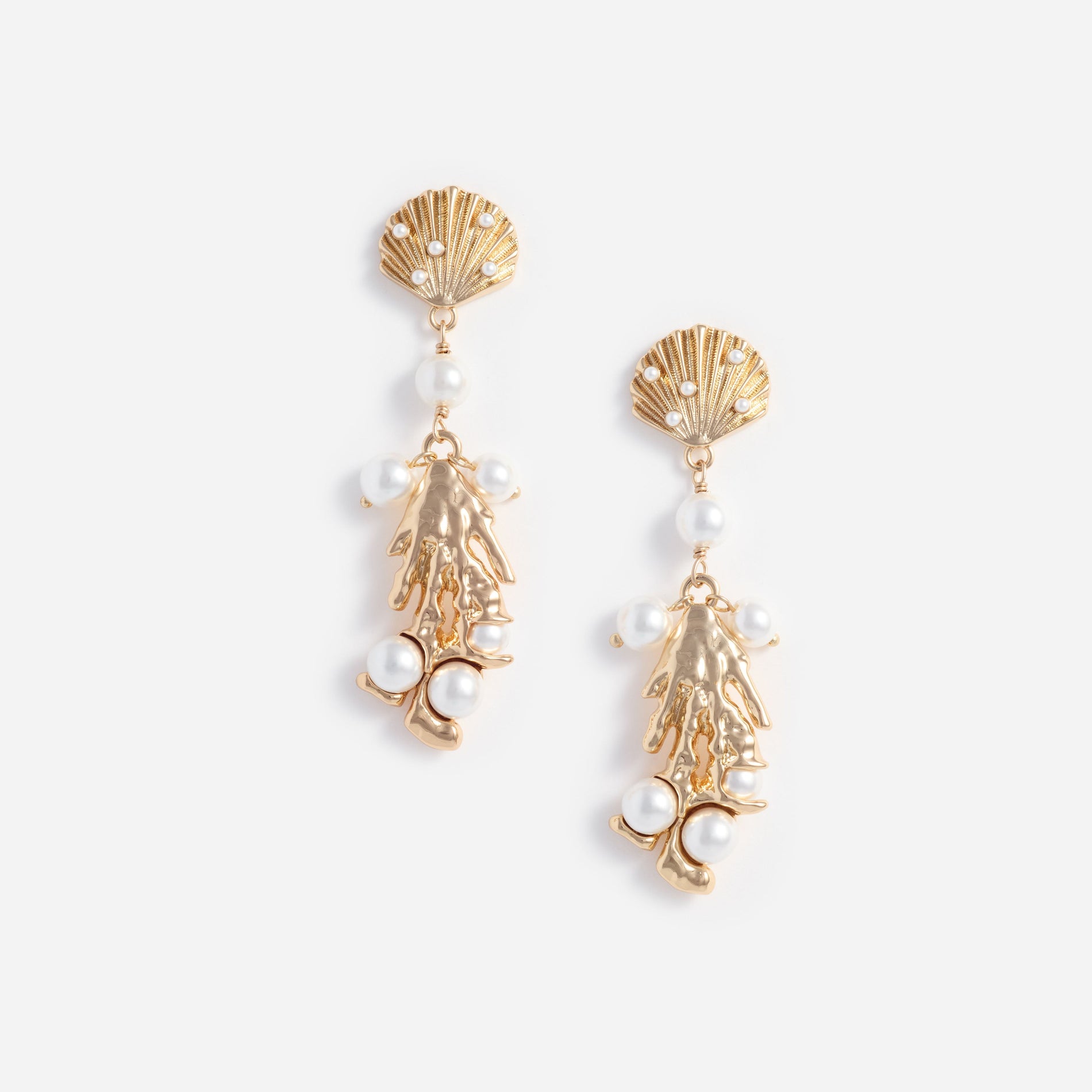 Gold Shell Pearl Coral Earrings