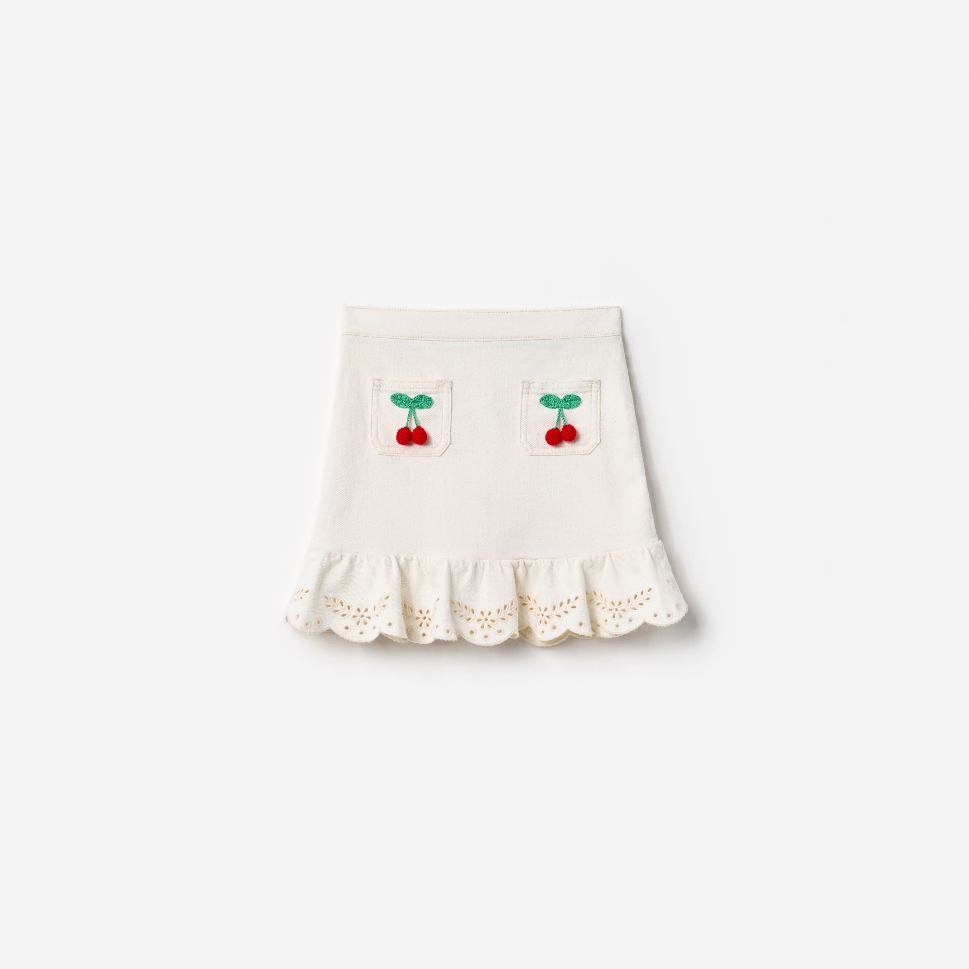 Cream Denim Cherry Motif Skirt