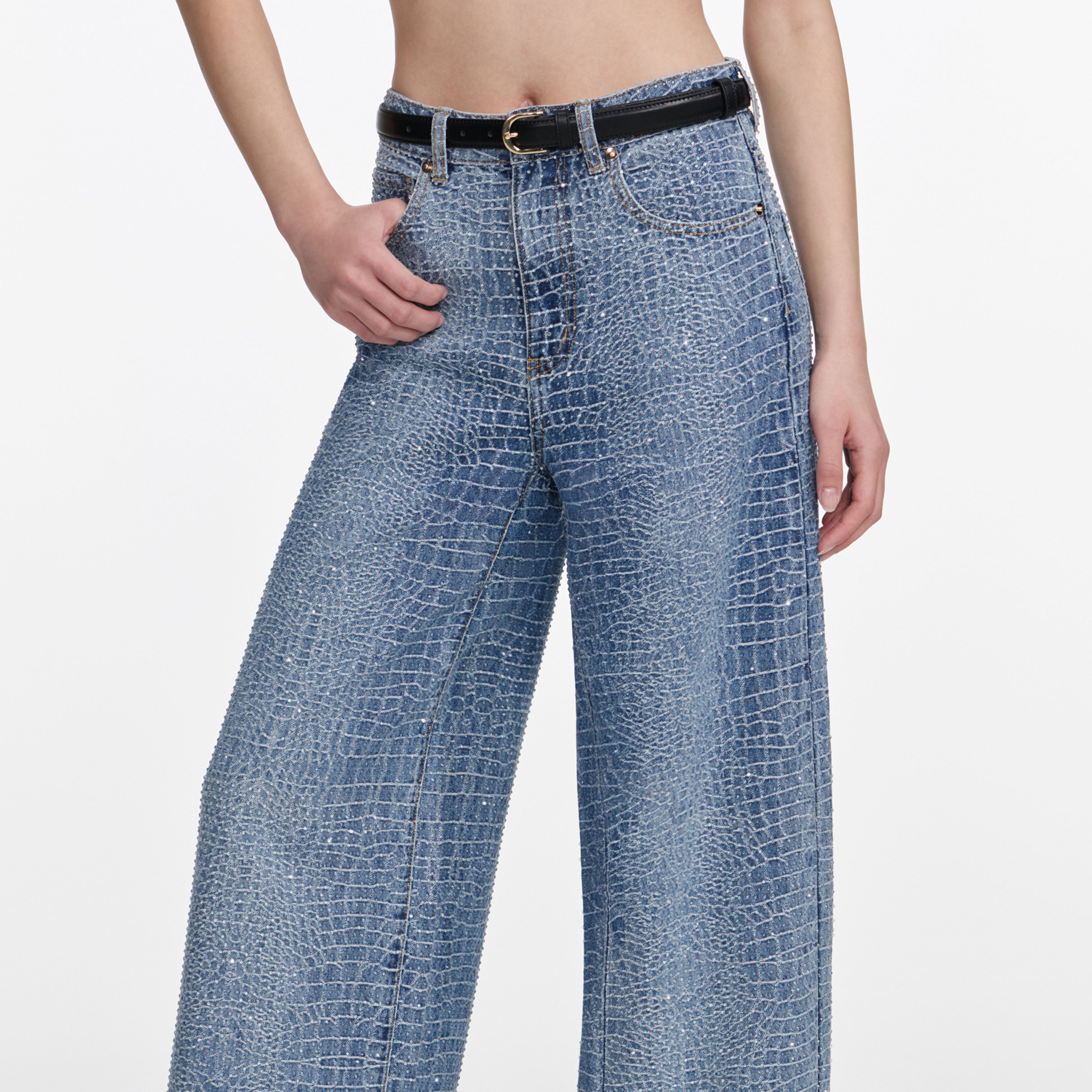 Rhinestone Croc Effect Wide Leg Jeans