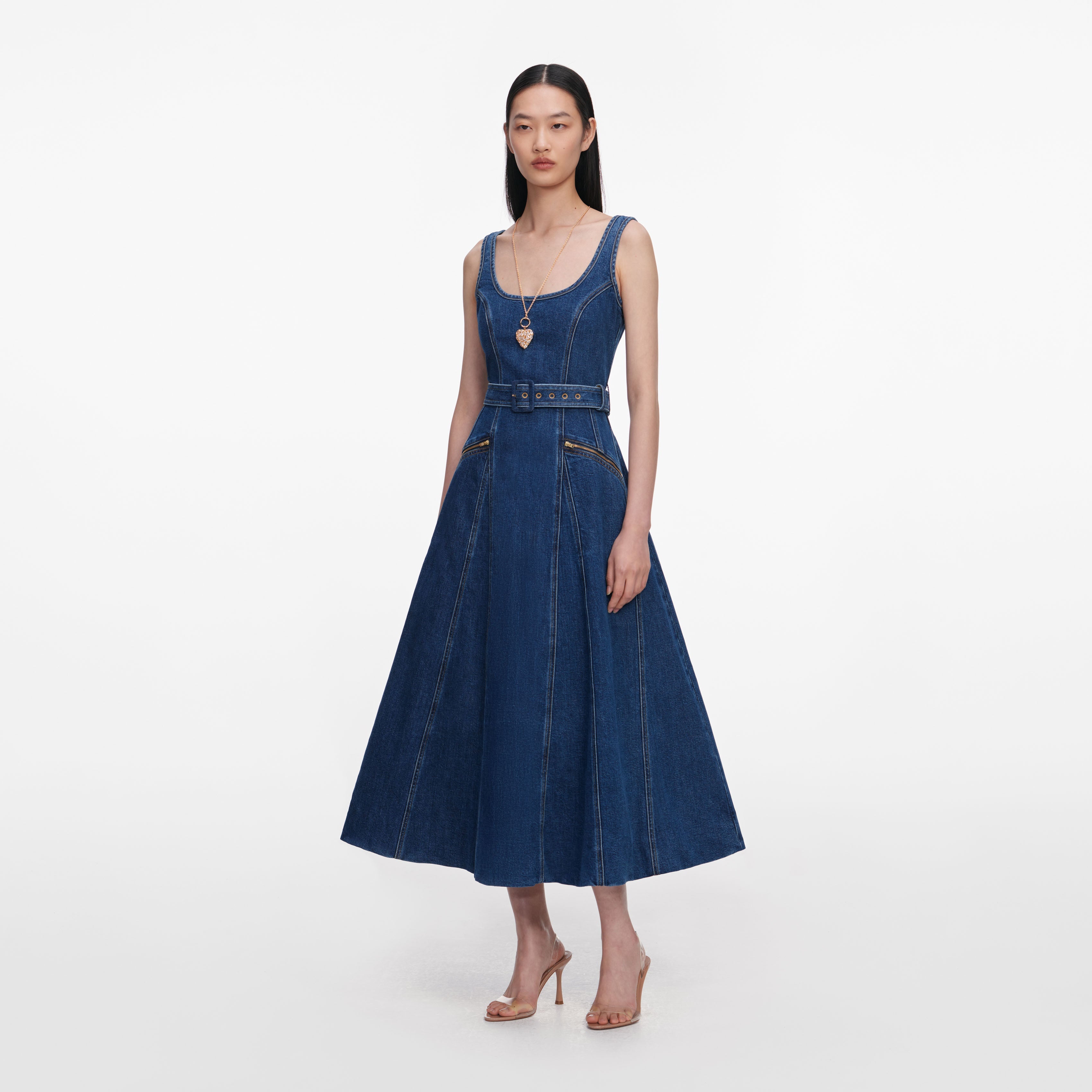Denim Flared Belted Midi Dress