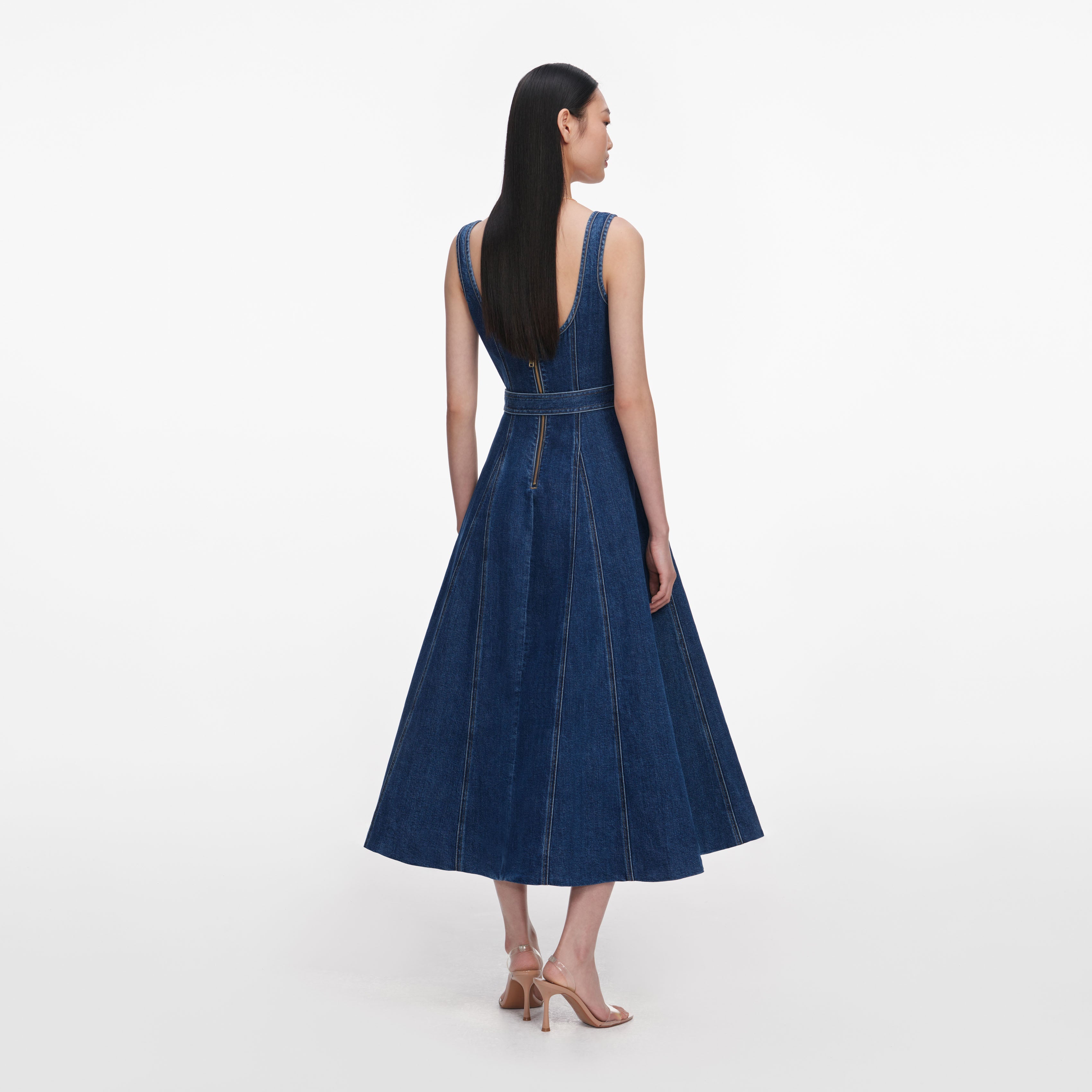 Denim Flared Belted Midi Dress