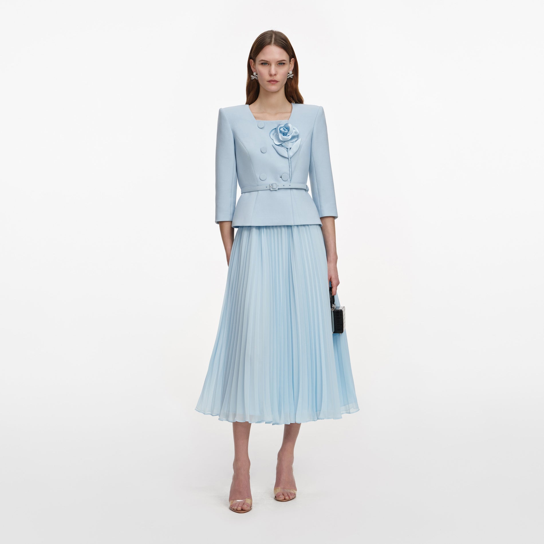 Front view of a woman wearing the Blue 3D Flower Chiffon Midi Dress