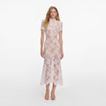 Pink Rhinestone Lace Midi Dress