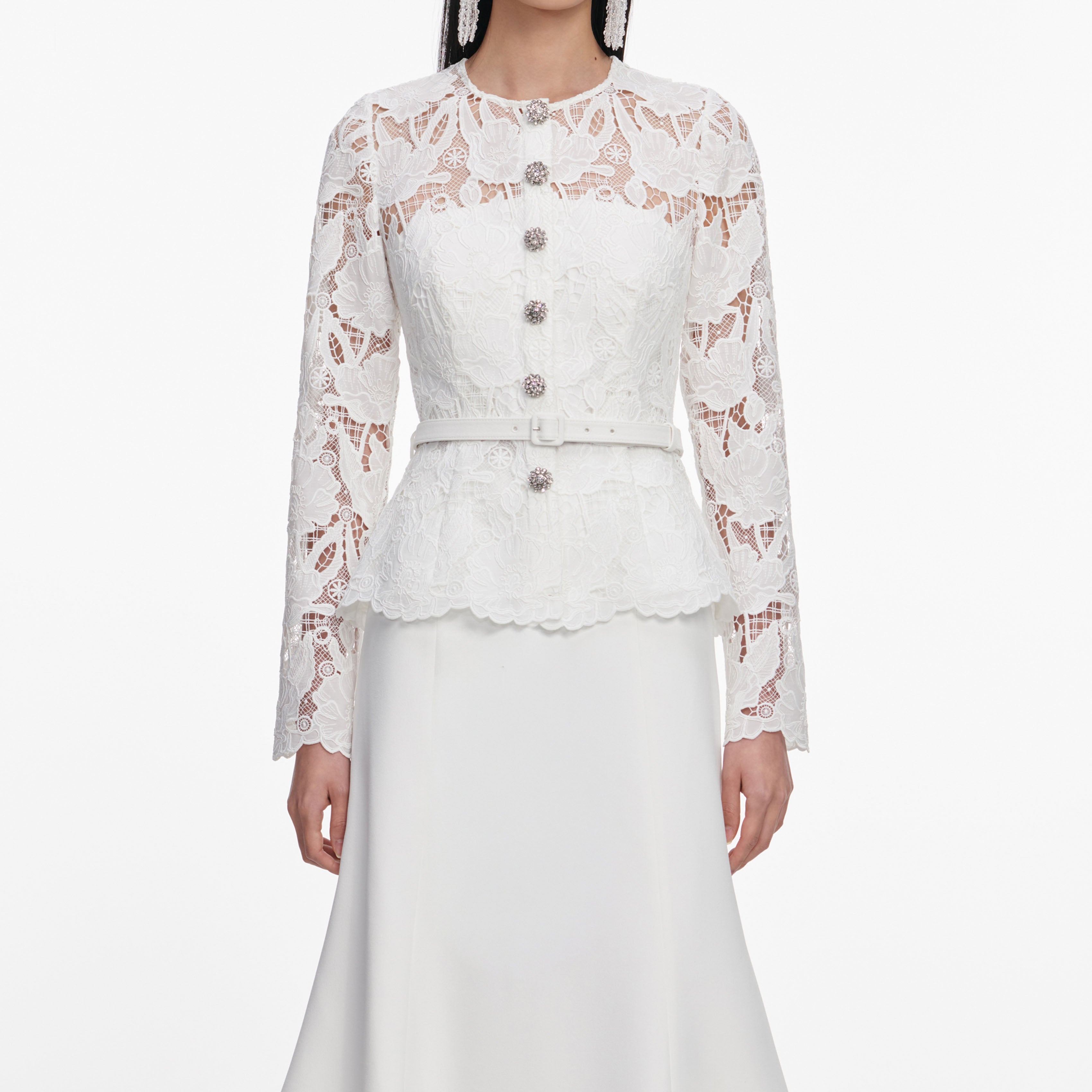 White Lace Crepe Midi Dress