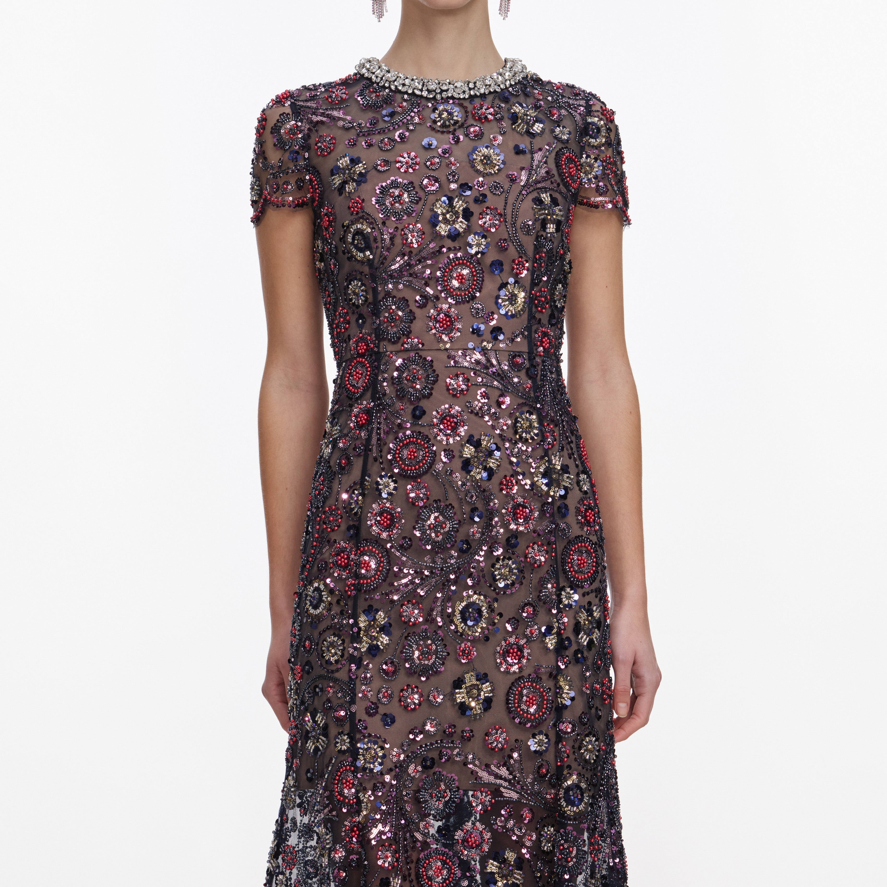 Navy Floral Sequin Midi Dress