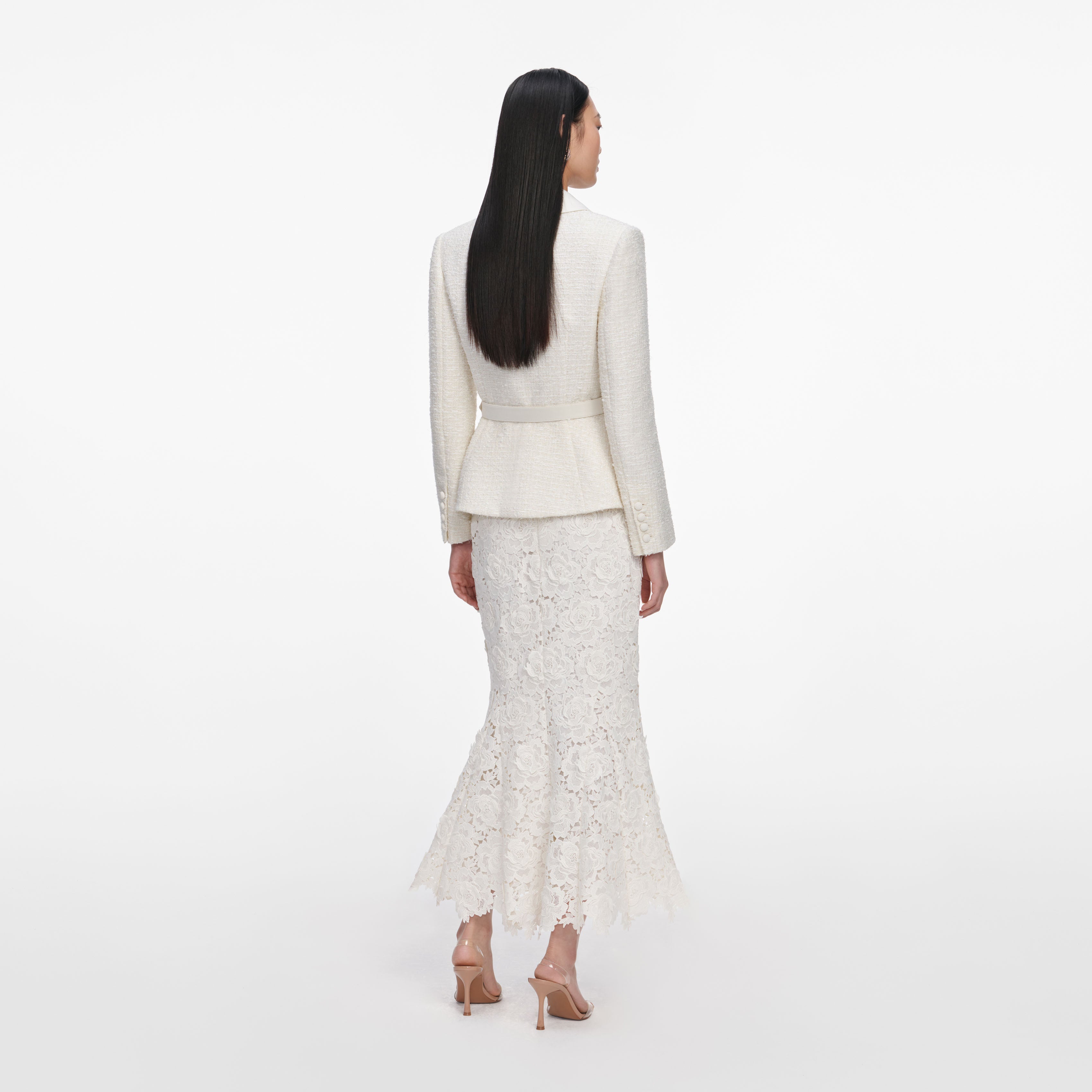 Cream Boucle Flower Lace Midi Dress