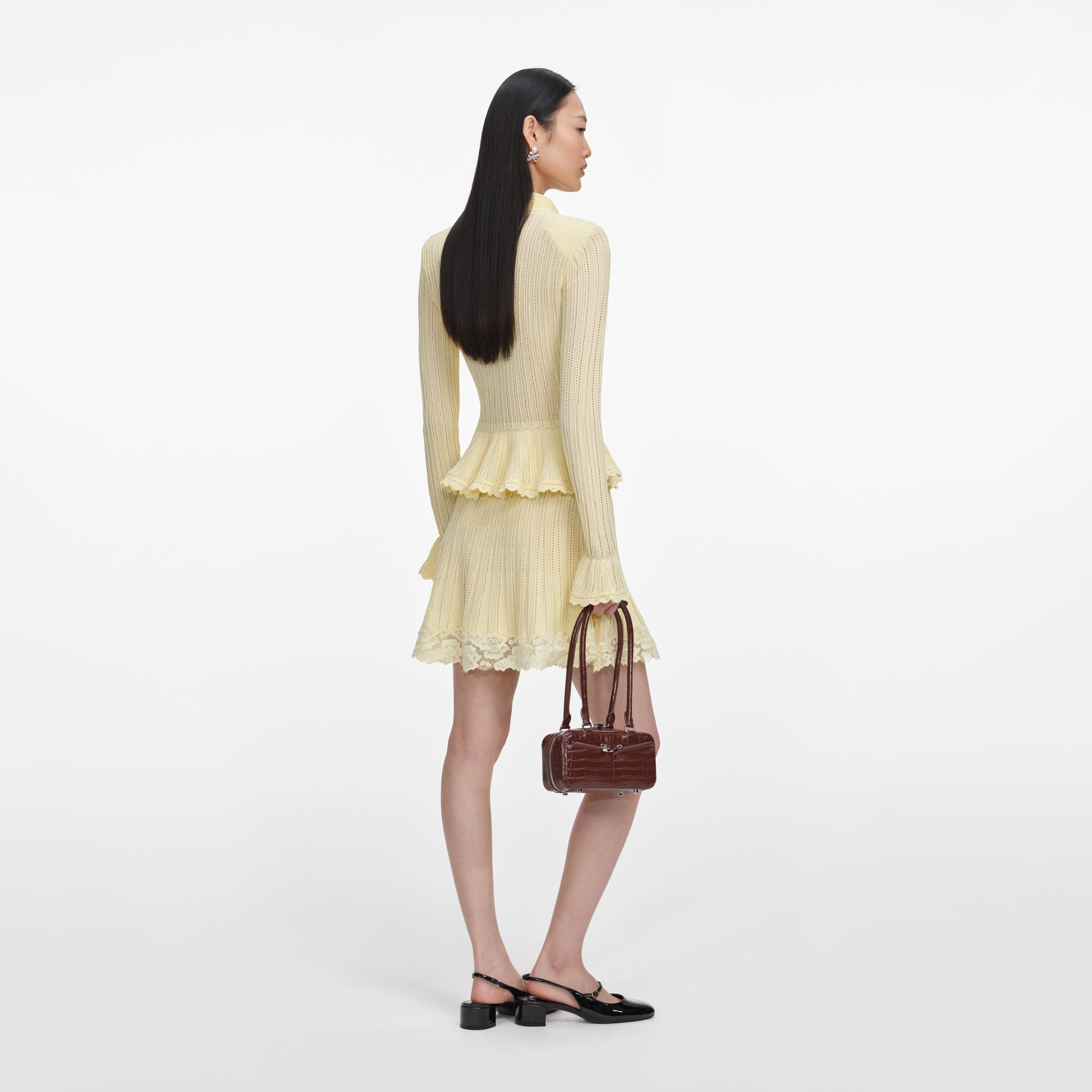 Yellow Pointelle Peplum Knit Mini Dress