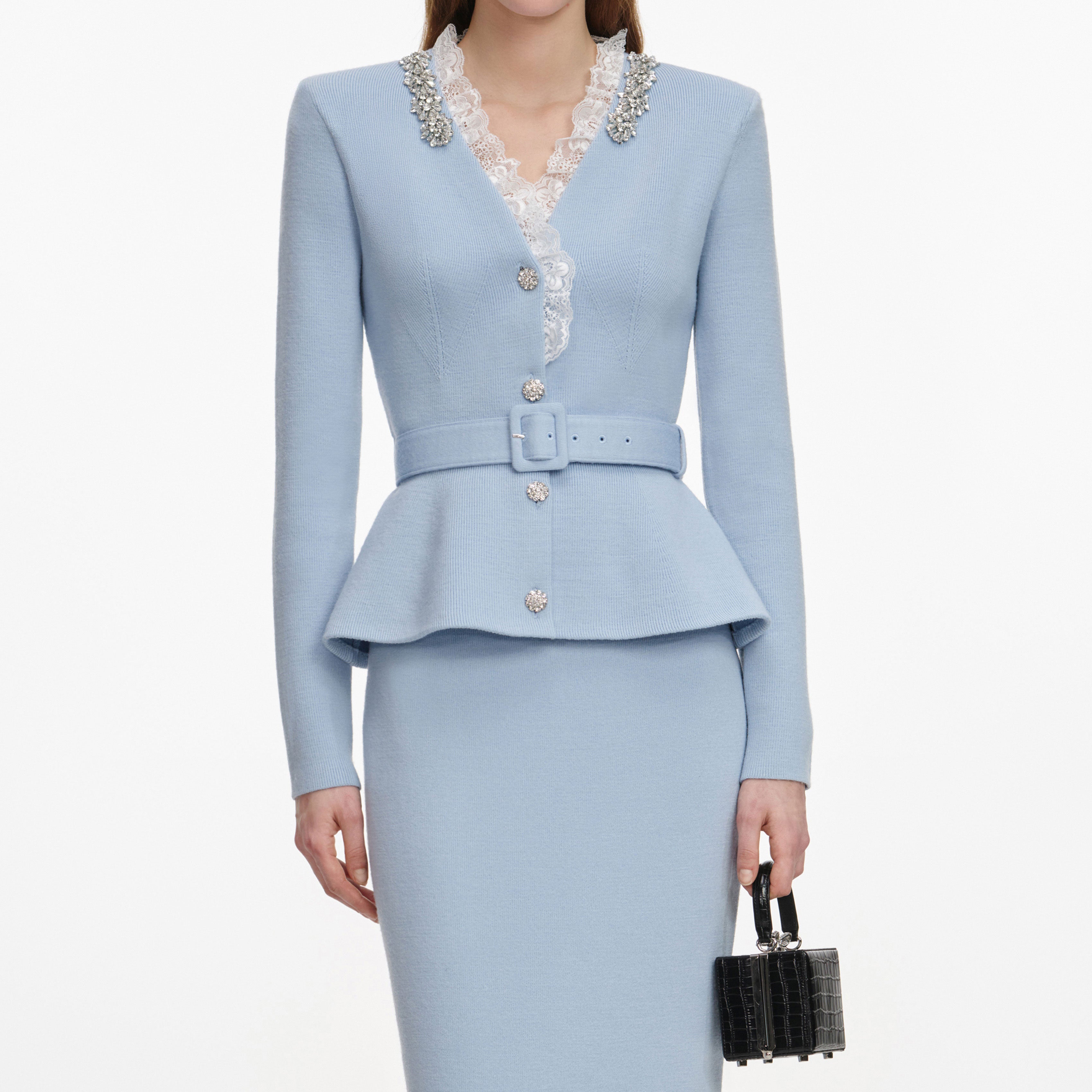 Blue Crystal Trim Knit Midi Dress