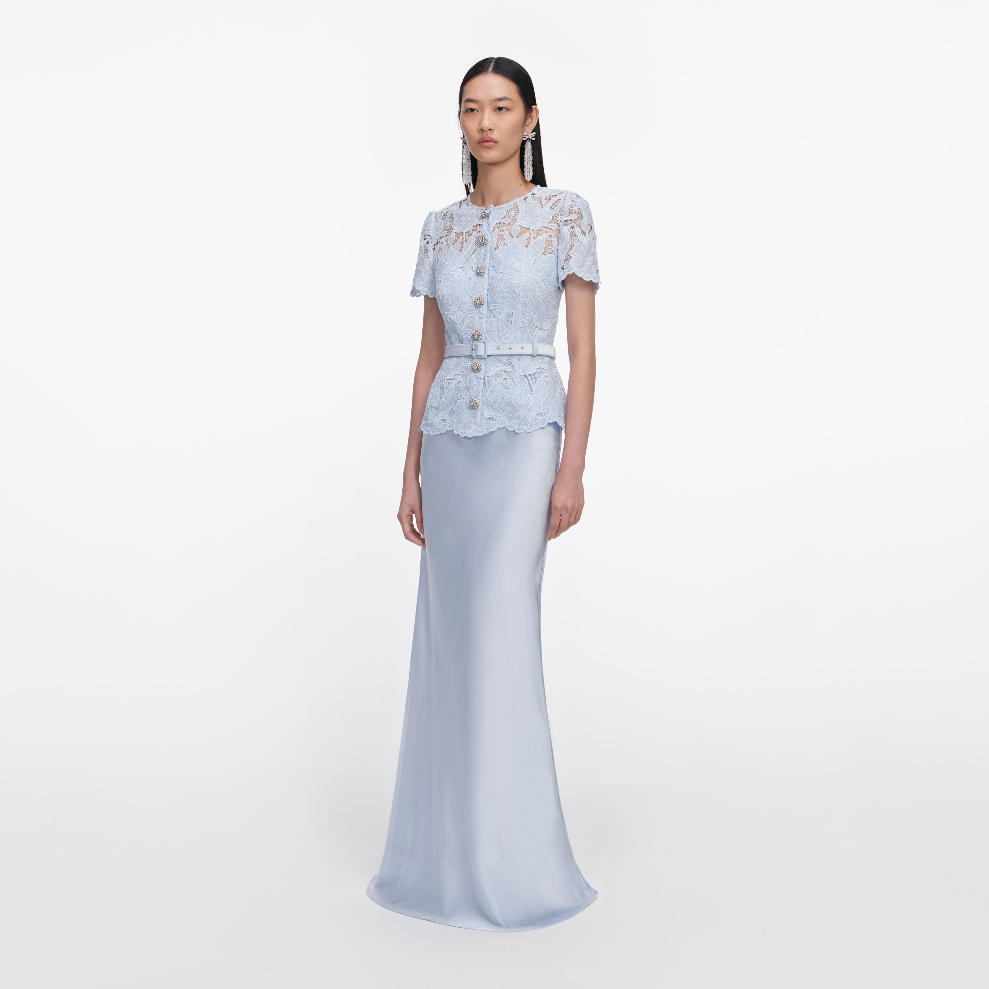 Blue Lace Satin Maxi Dress