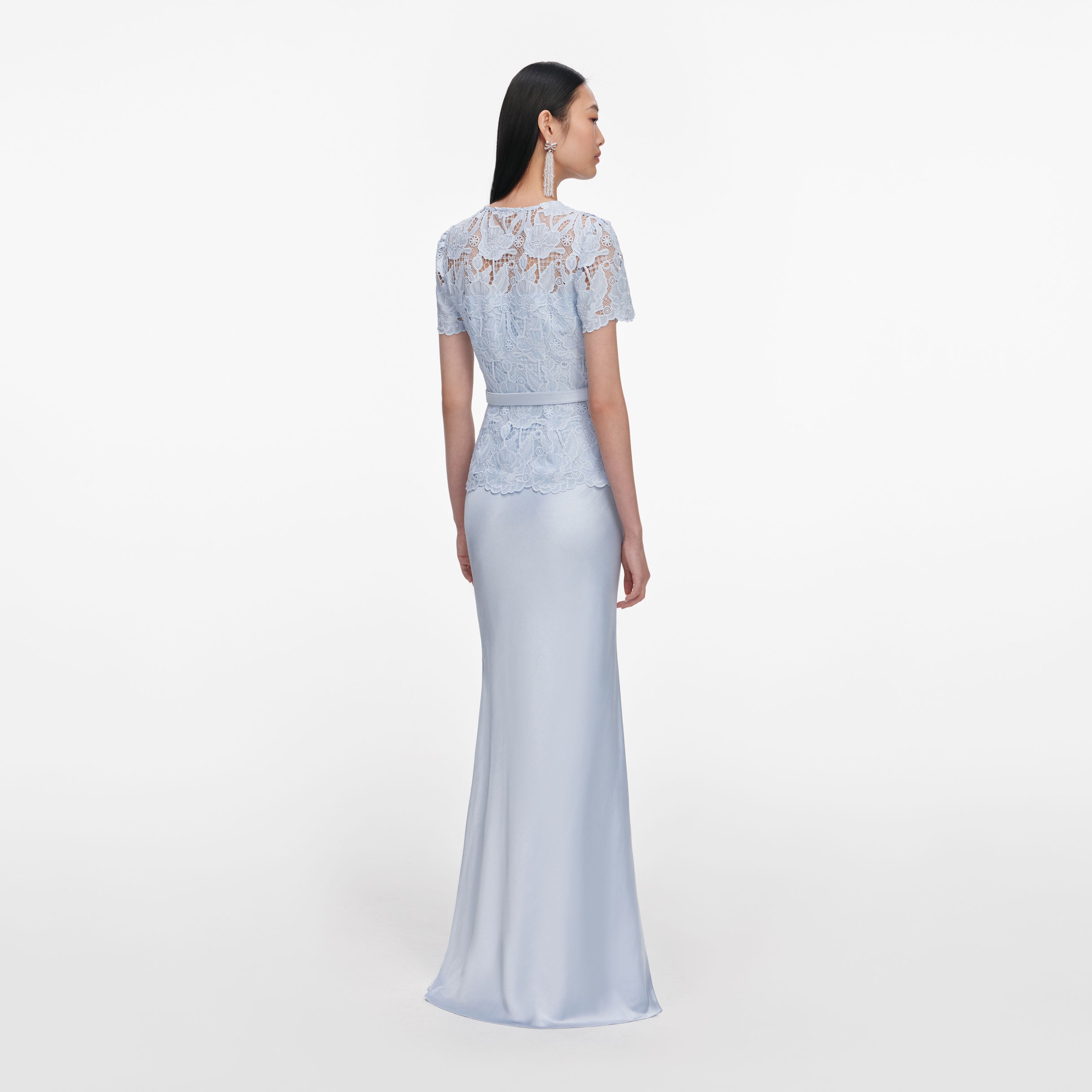 Blue Lace Satin Maxi Dress