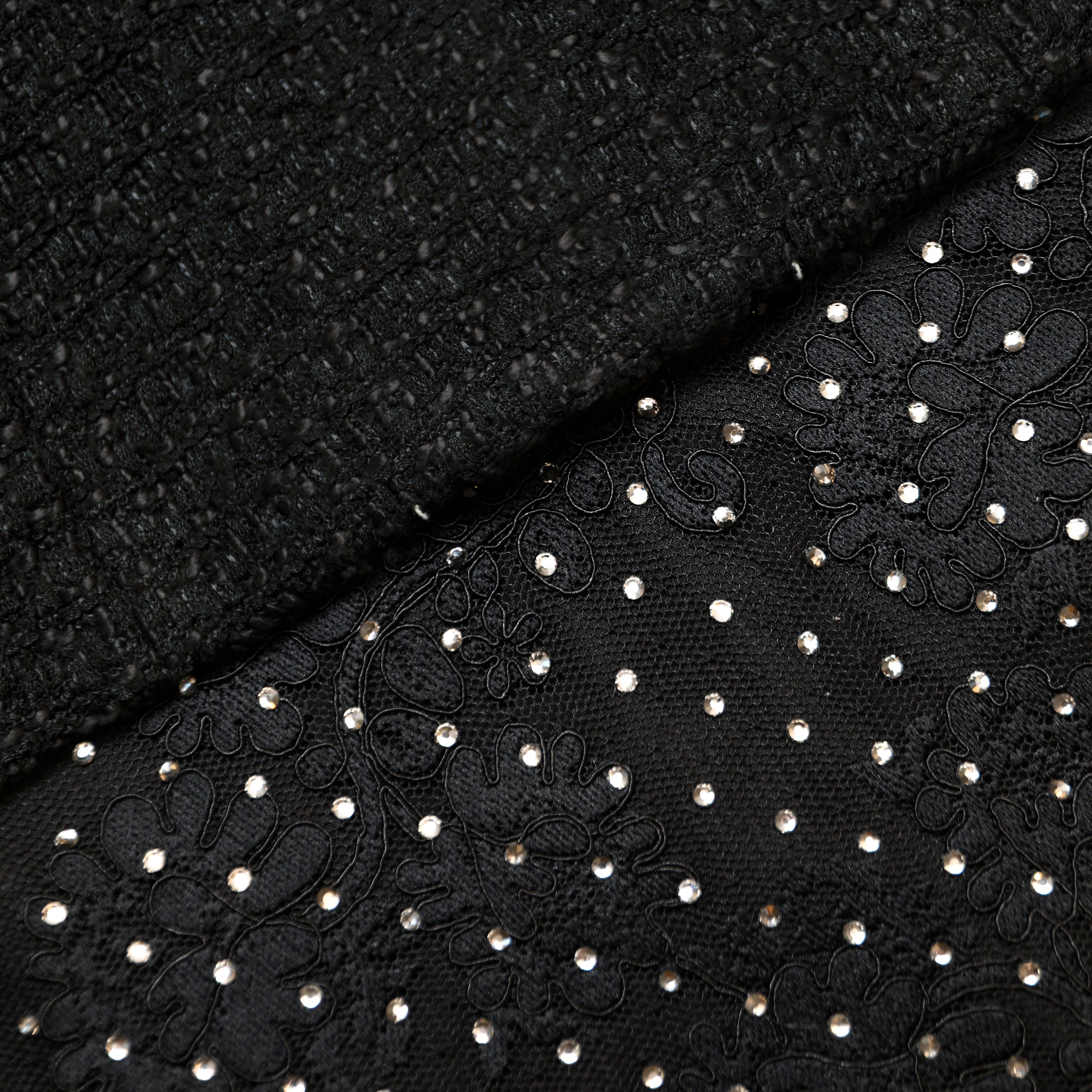 Black Boucle Rhinestone Lace Maxi Dress