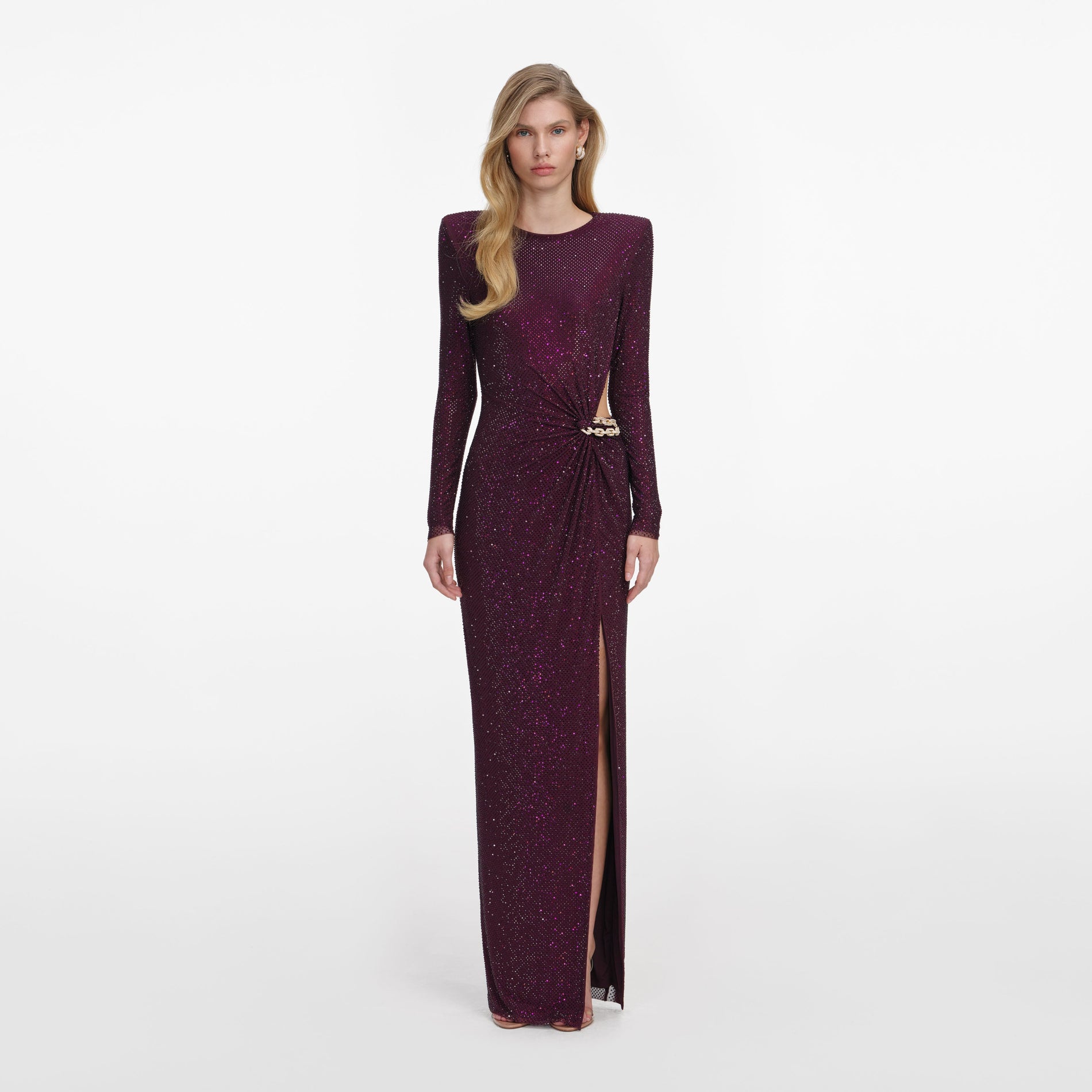 Front view of a woman wearing the Burgundy Rhinestone Embellished Maxi Dress