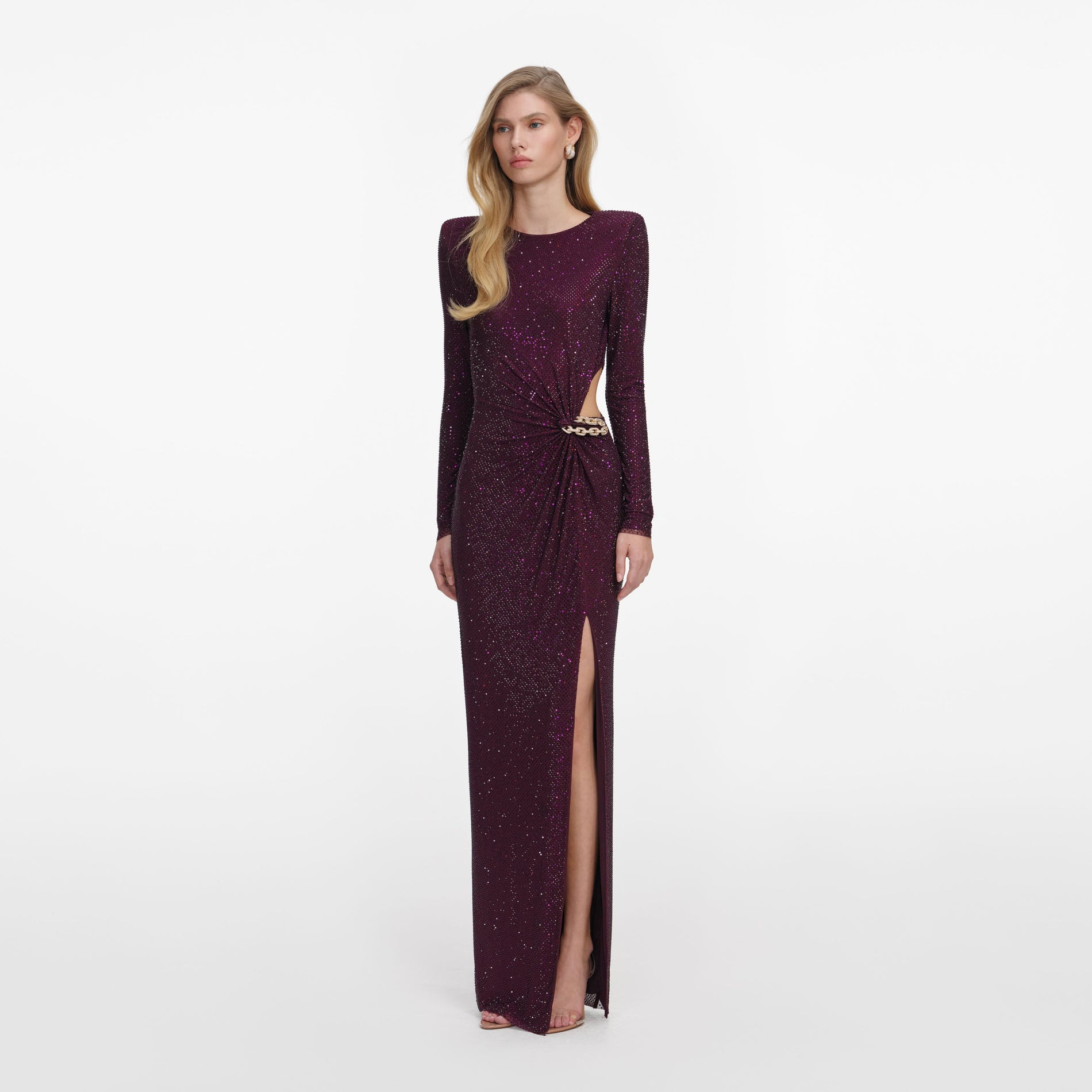 Side view of a woman wearing the Burgundy Rhinestone Embellished Maxi Dress