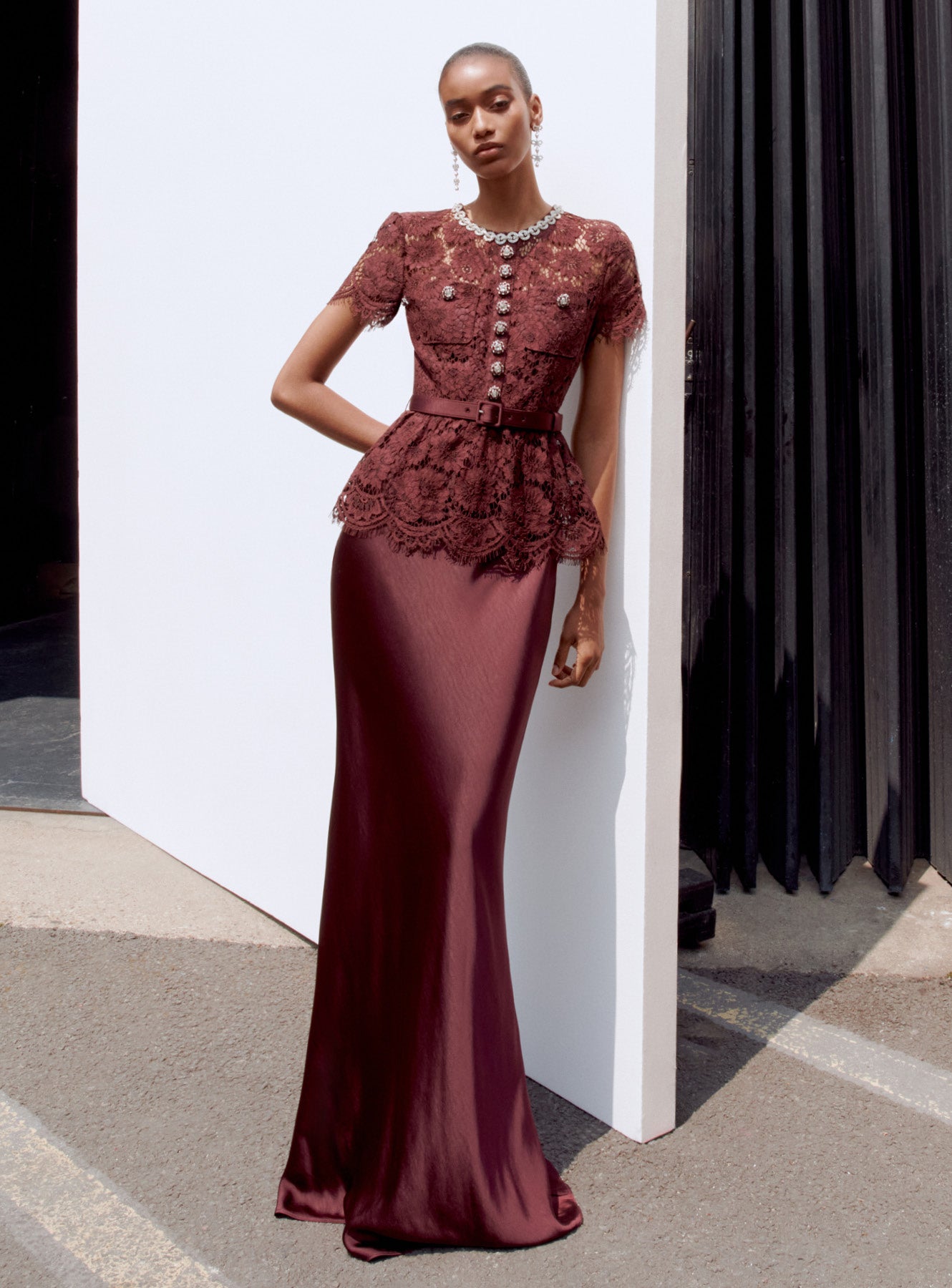 Burgundy Lace Satin Maxi Dress