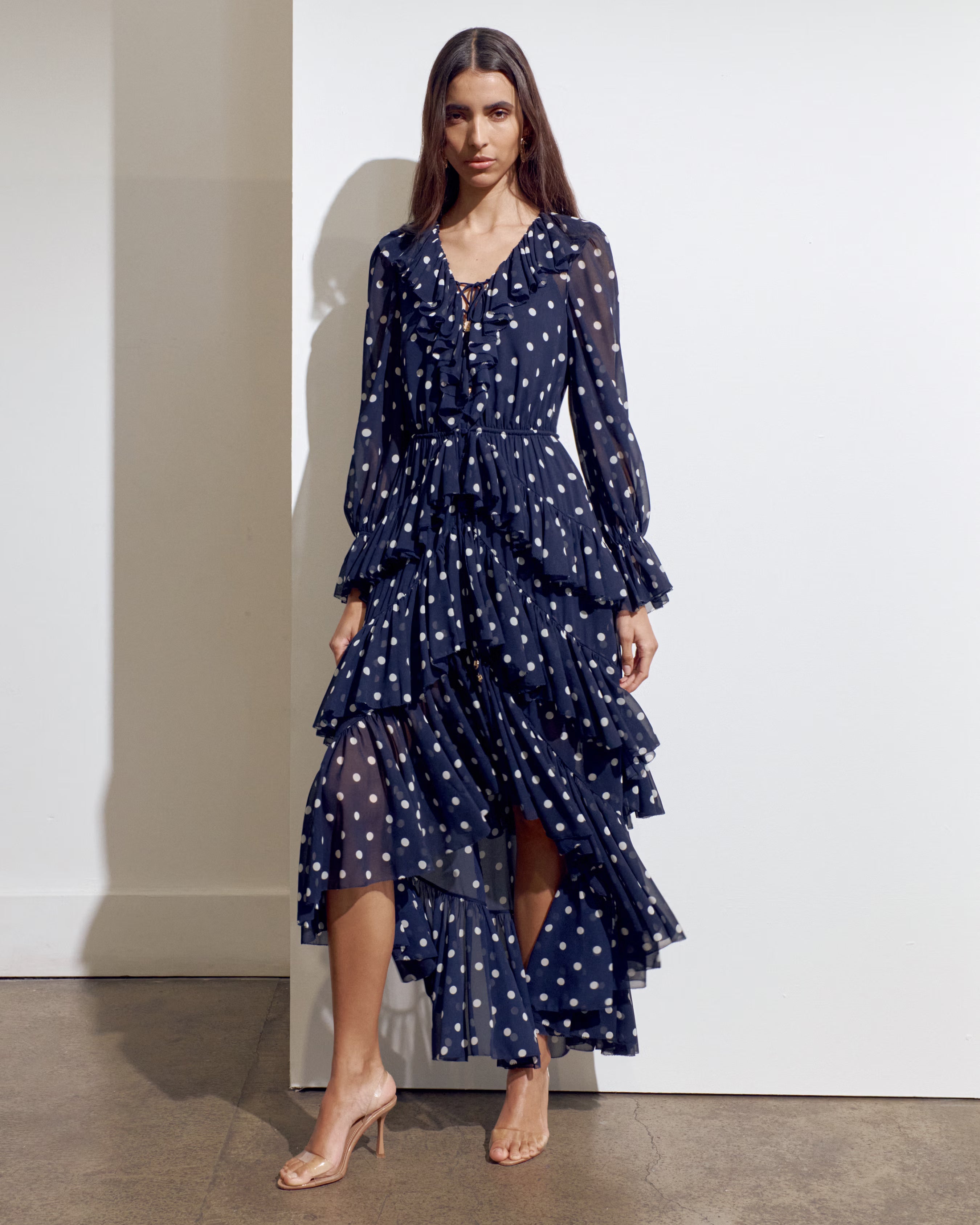 Polka Dot Georgette Ruffle Maxi Dress