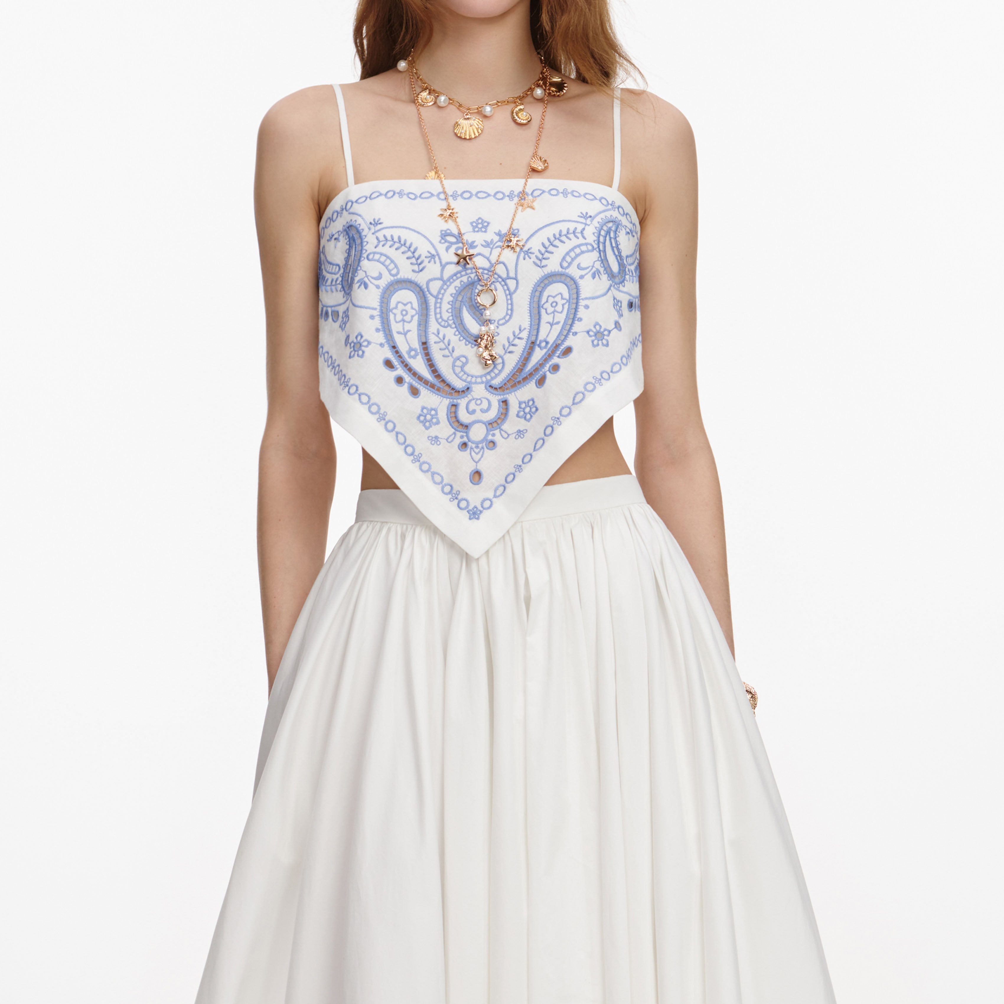 White And Blue Embroidered Linen Top