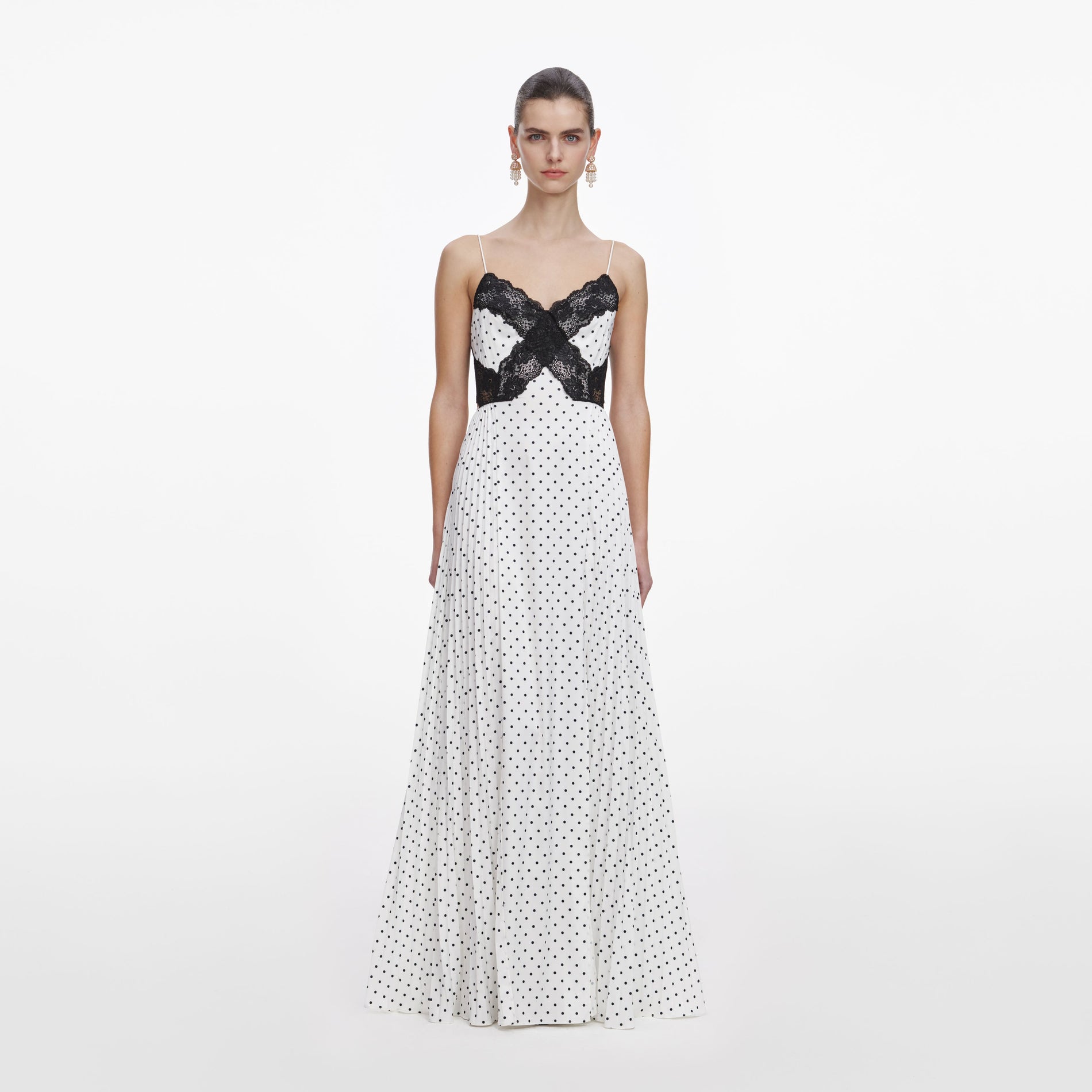Front view of a woman wearing the White Polka Dot Satin Lace Maxi Dress