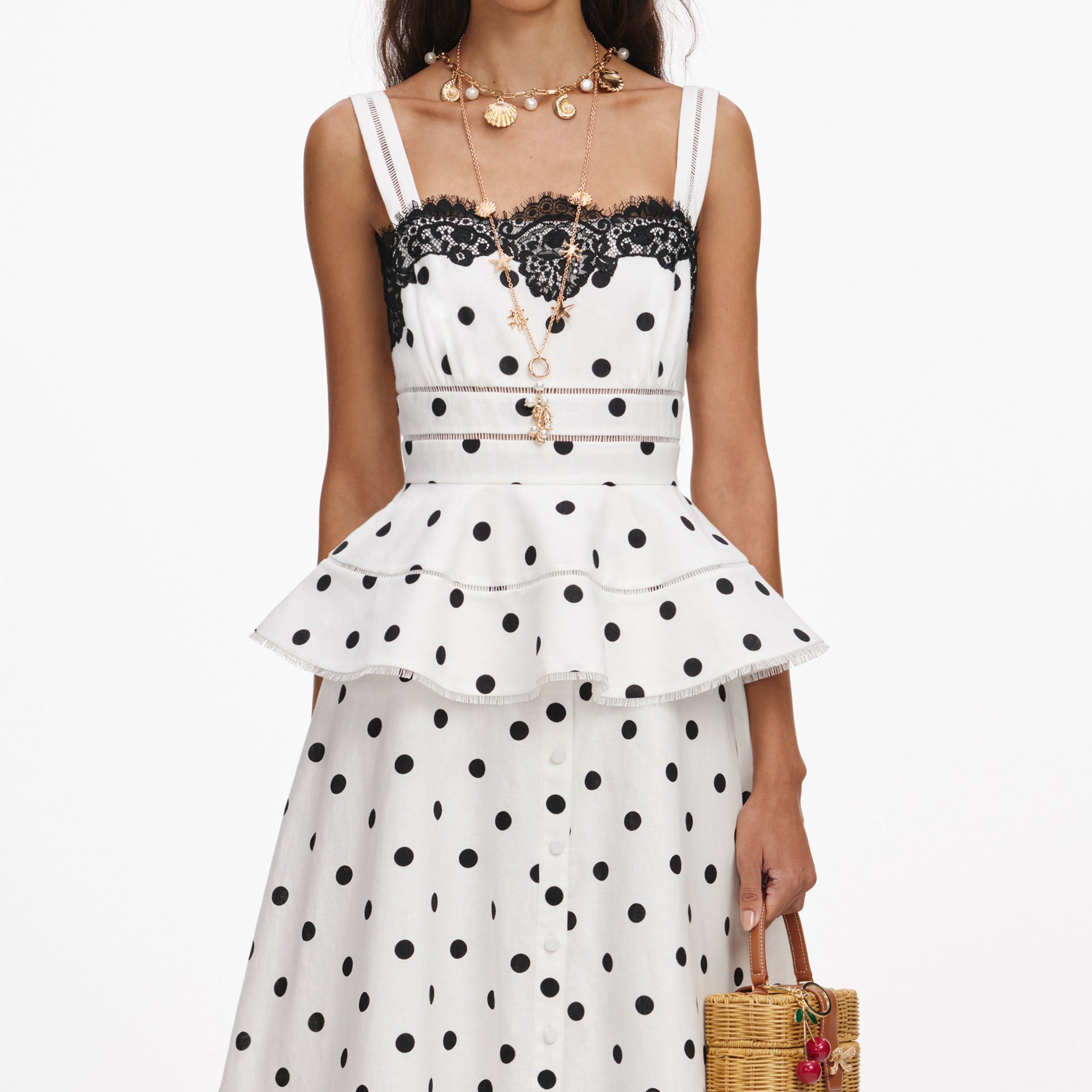 A close up of a woman wearing the White Polka Dot Linen Midi Dress