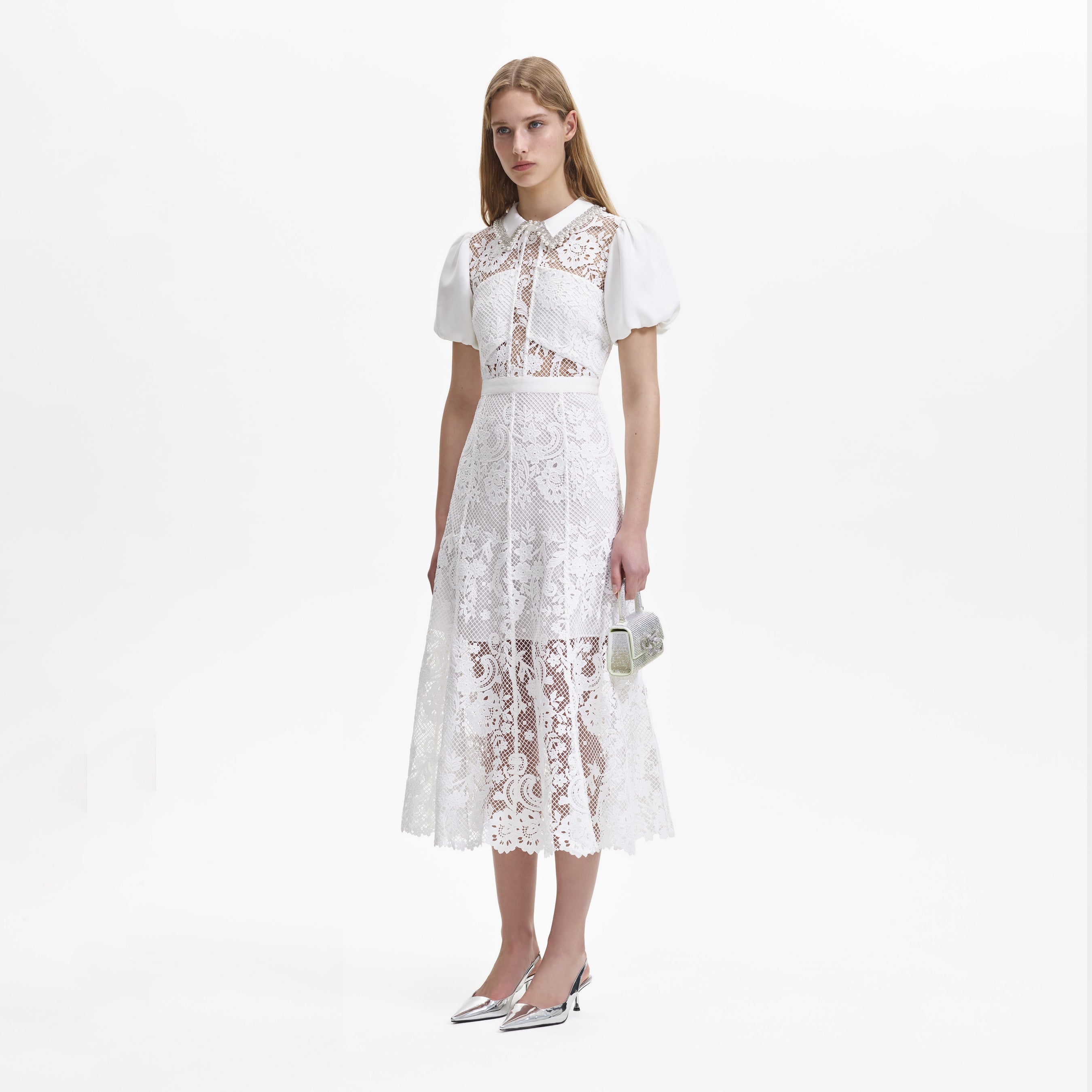 White Lace Diamante Collar Midi Dress