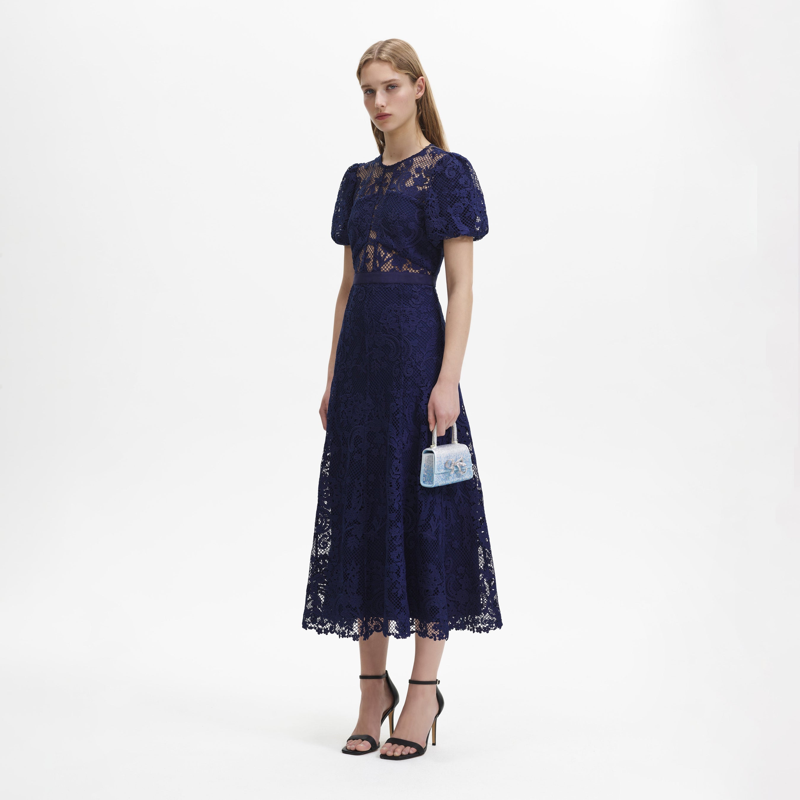 Navy Lace Puff Sleeve Midi Dress