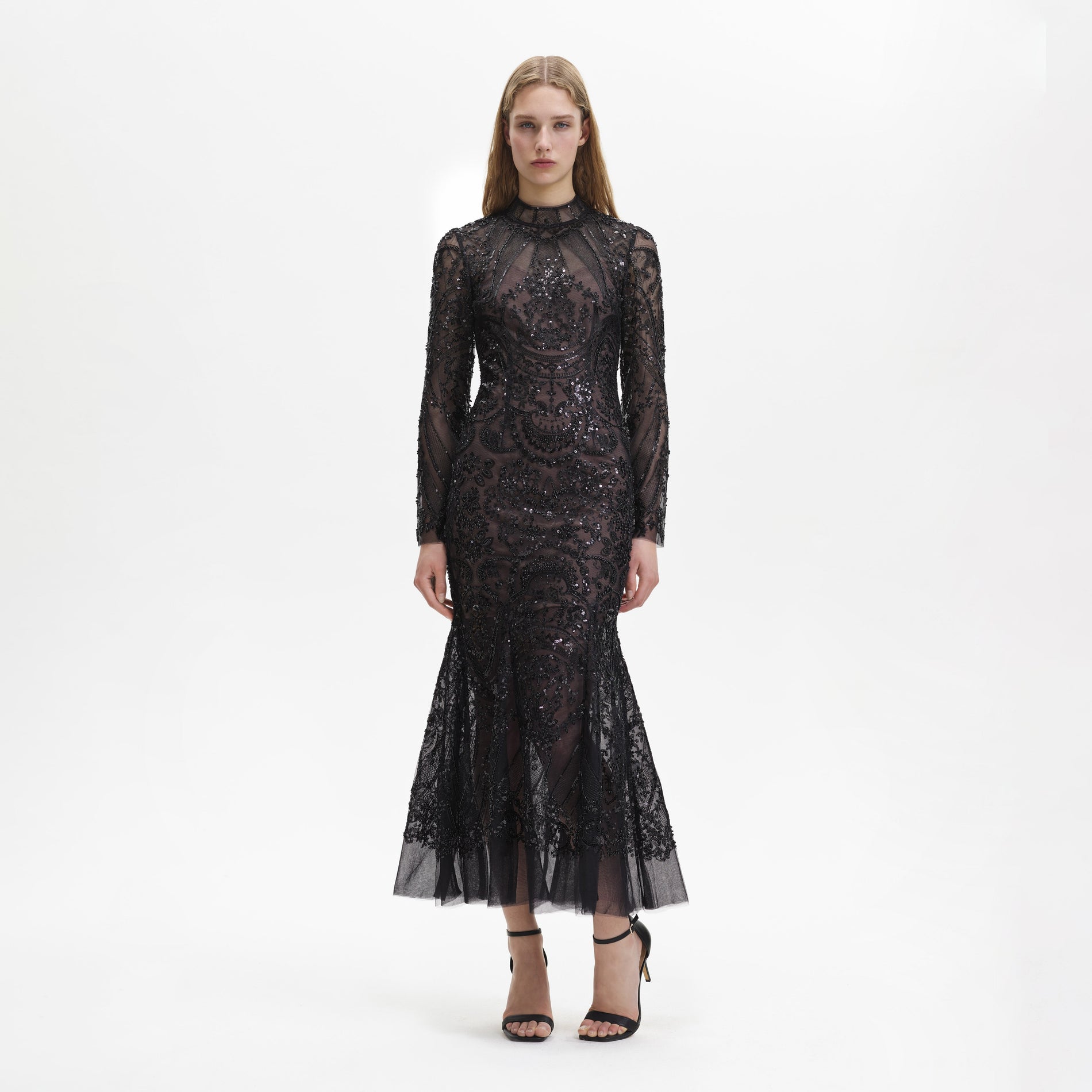 Black Paisley Sequin Midi Dress