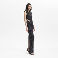 Black Square Rhinestone Mesh Maxi Dress