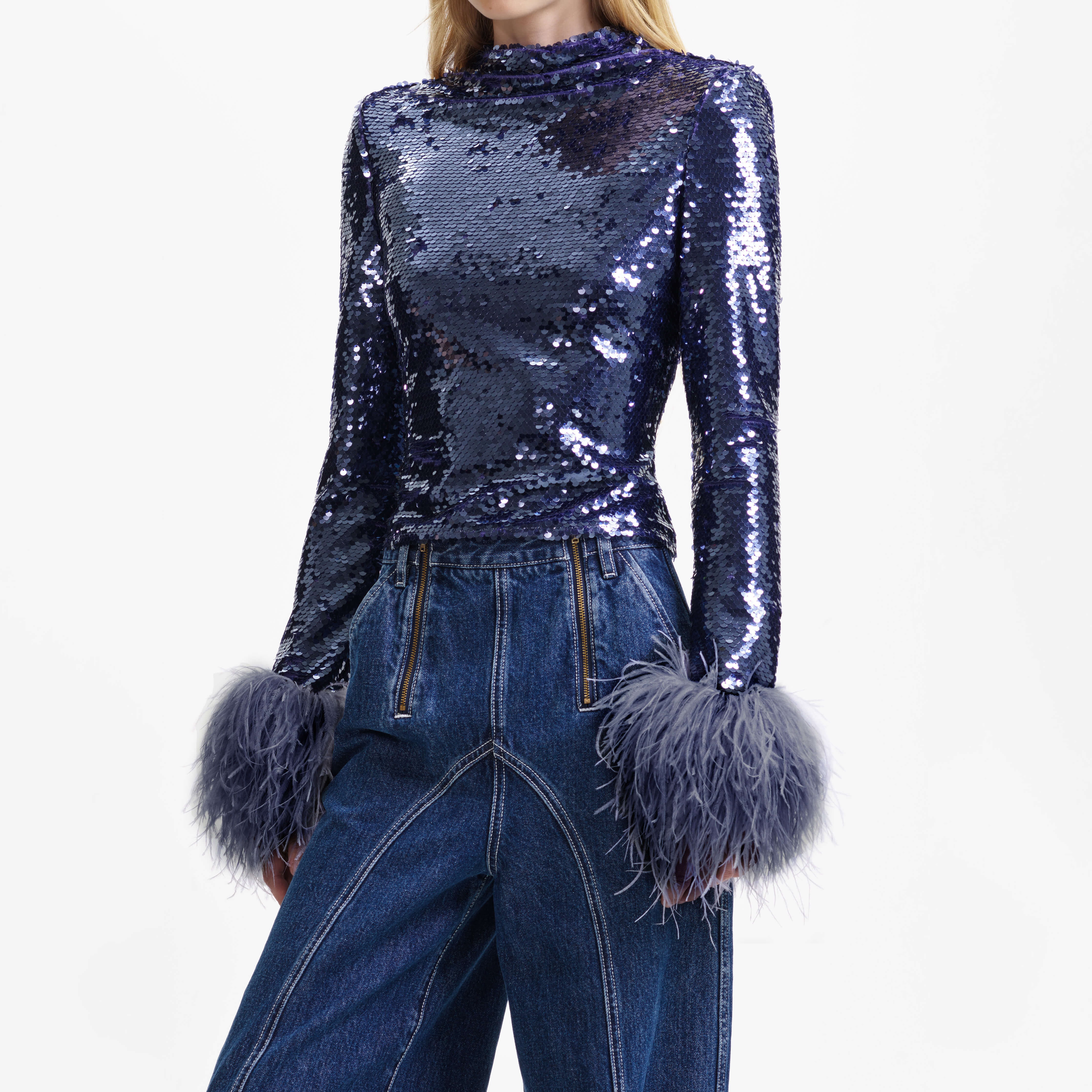 Navy Sequin Feather Top self portrait EU