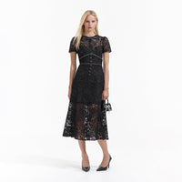 Black Cord Lace Bow Midi Dress