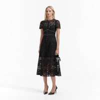 Black Cord Lace Bow Midi Dress